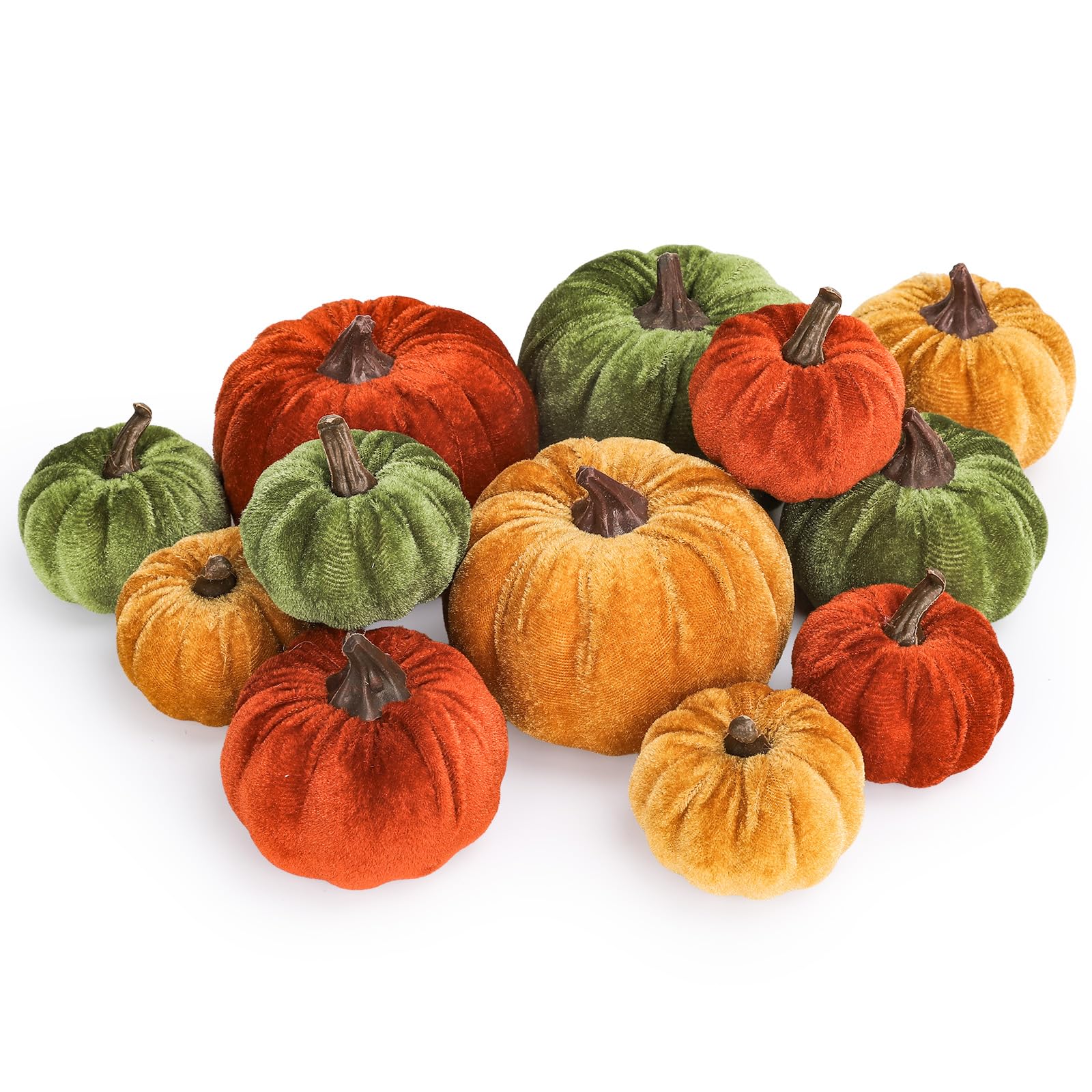 Whaline 12 Pcs Fall Artificial Pumpkins Vintage Orange Yellow Green Fake Velvet Pumpkins 3 Sizes Autumn Foam Pumpkin Table Centerpiece for Thanksgiving Halloween Harvest Party Decoration