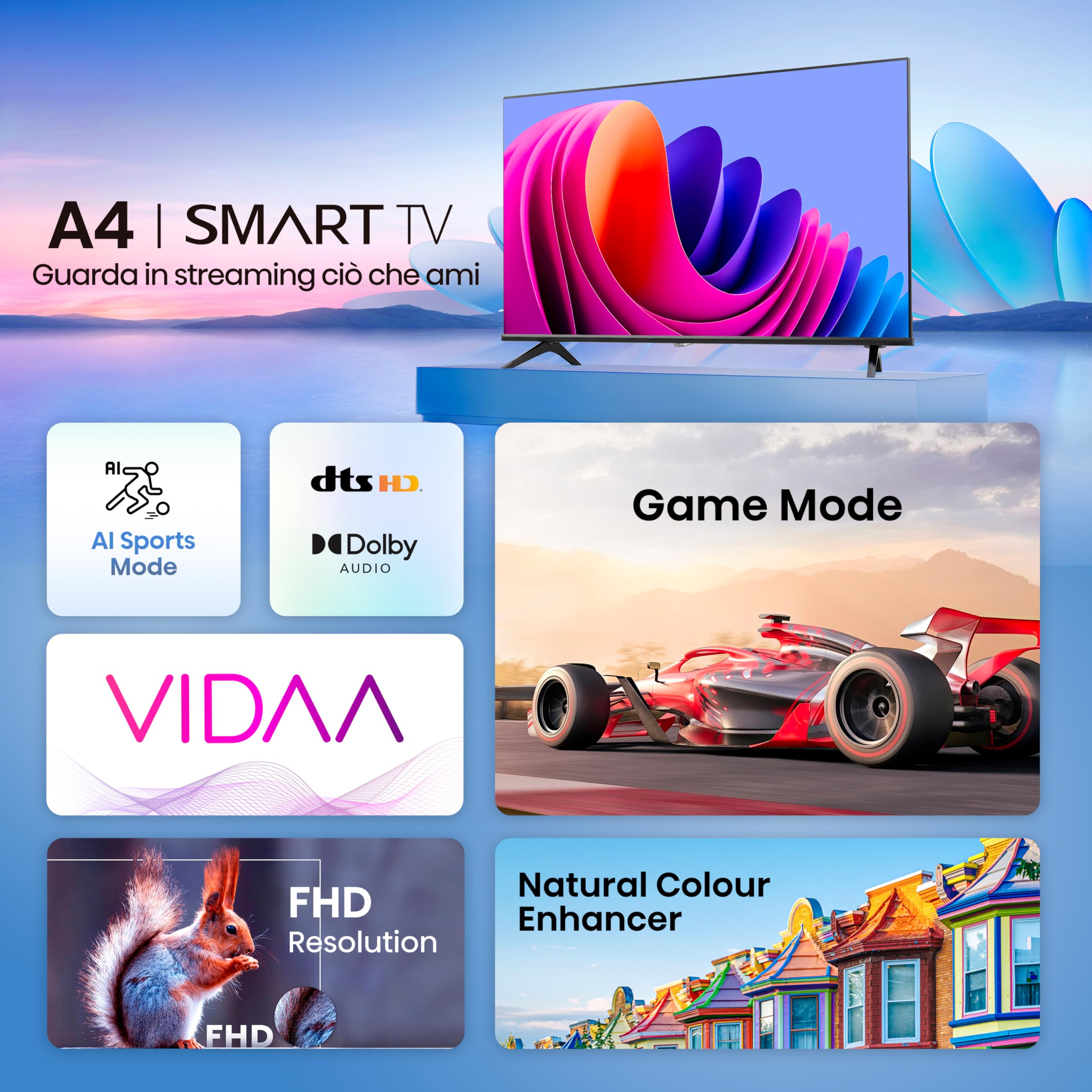 Hisense TV 32" HD Ready 32A4N, Smart TV VIDAA U7, Game Mode, Works with Alexa, Tuner DVB-T2/S2 HEVC 10, lativù, 32'', 2024 LED