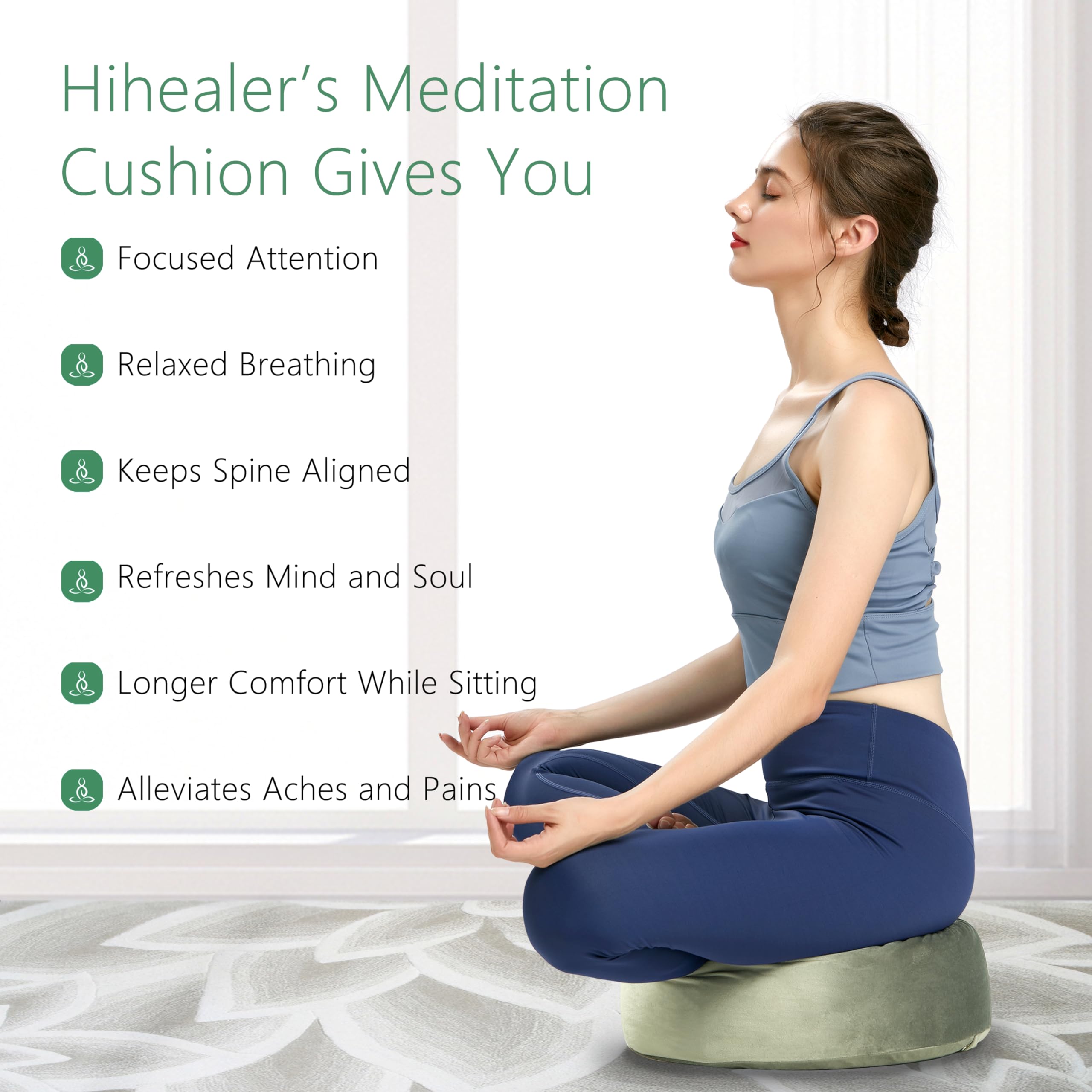 Hihealer Coussin de Méditation avec Housse en Velours - Grand Zafu Tibétain pour Yoga et Méditation, Rempli de Cosses de Sarrasin, Cadeau Relaxation pour Femme
