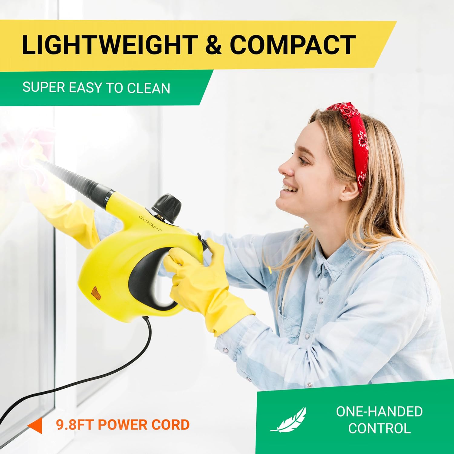 Comforday Multi-Purpose Steam Cleaner with 9-Piece Accessories, Perfect for Stain Removal, Curtains, Car Seats, Floor, Bathroom, (Yellow)
