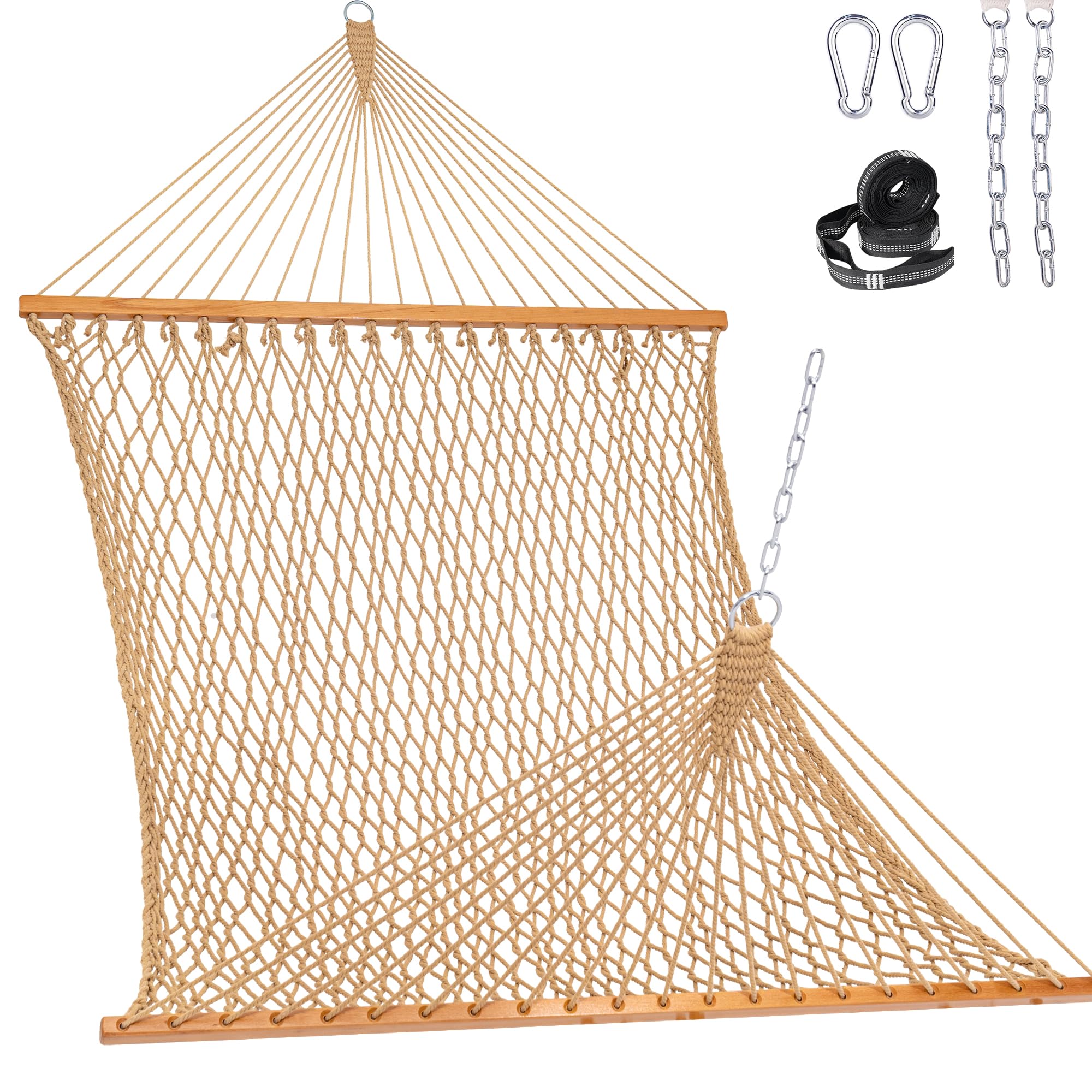Lazy Daze Hammocks Double Rope Hammock, 2 Person Traditional Outdoor Hand Woven Cotton Rope Hammock with Spreader Bar, Chains, Tree Straps for Patio Yard - Max 450 Lbs, Tan