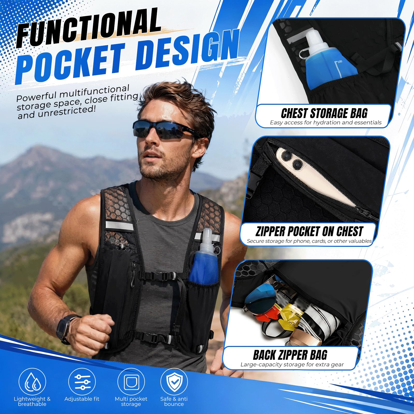 Chaleco Hidratación Trail Running con Soft Flask 500ml, Mochila Running Hombre Mujer Ligero y Transpirable, Chaleco Correr Reflectante con Múltiples Bolsillos para Maratón Ciclismo Senderismo