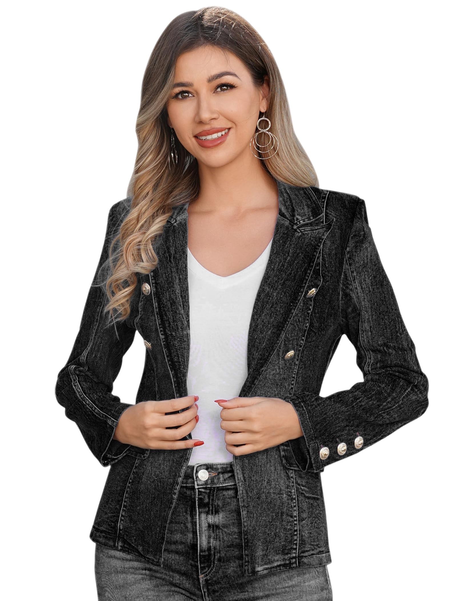 Denim Blazer Suit for Women Casual Jacket Button Down Early Spring Fall Work Office Business Blazer
