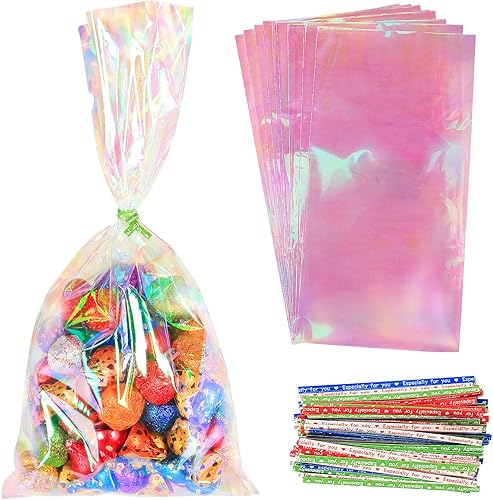 HRX Package 120 bolsas de celofán iridiscente con lazos, 6 x 12 pulgadas, bolsas de plástico holográficas para regalos de fiesta de caramelos, disponible en Yaxa Costa Rica