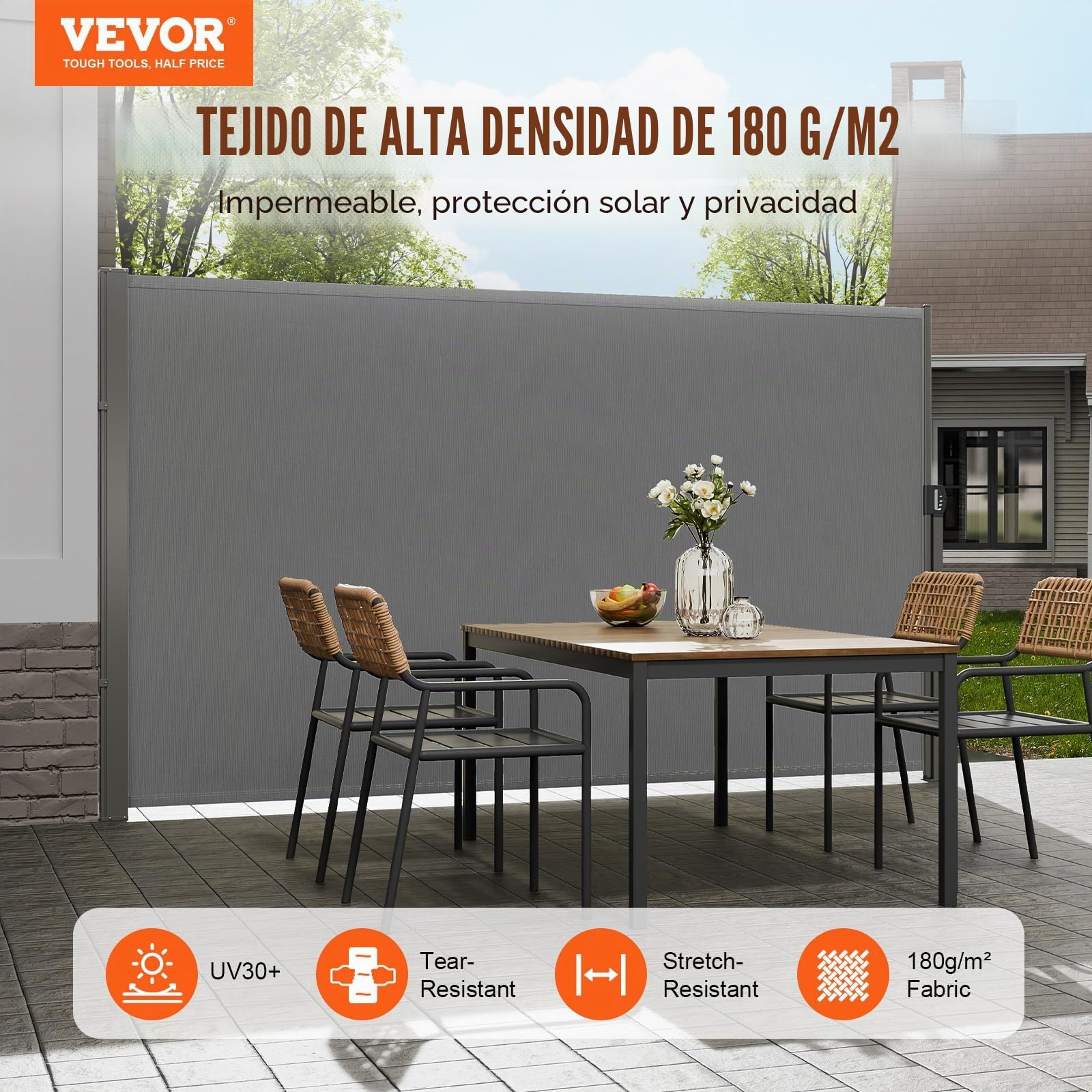 VEVOR Toldo Lateral Retráctil Pantalla de Privacidad al Aire Libre 200x300 cm Toldo Lateral contra Viento Impermeable de Poliéster Divisor de Habitación UV 30+ para Patio, Jardín, Balcón, Gris