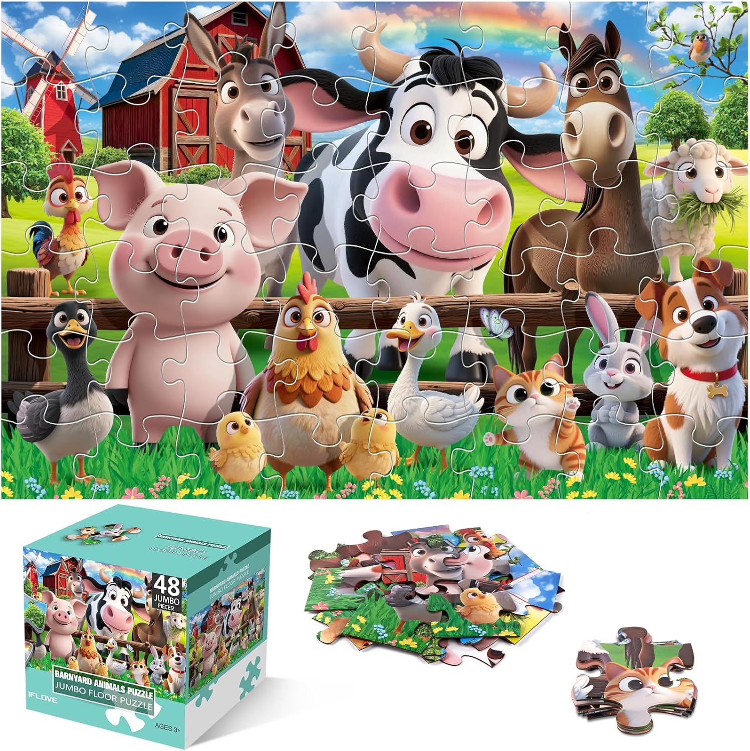 Jumbo Floor Puzzle for Kids,48 Pieces Farm Animals Puzzles for Toddlers 3-5,Large Barn Jigsaw Puzzles,Preschool Educational Animal Toys Gift for Boys & Girls Ages 4-8 Poultry