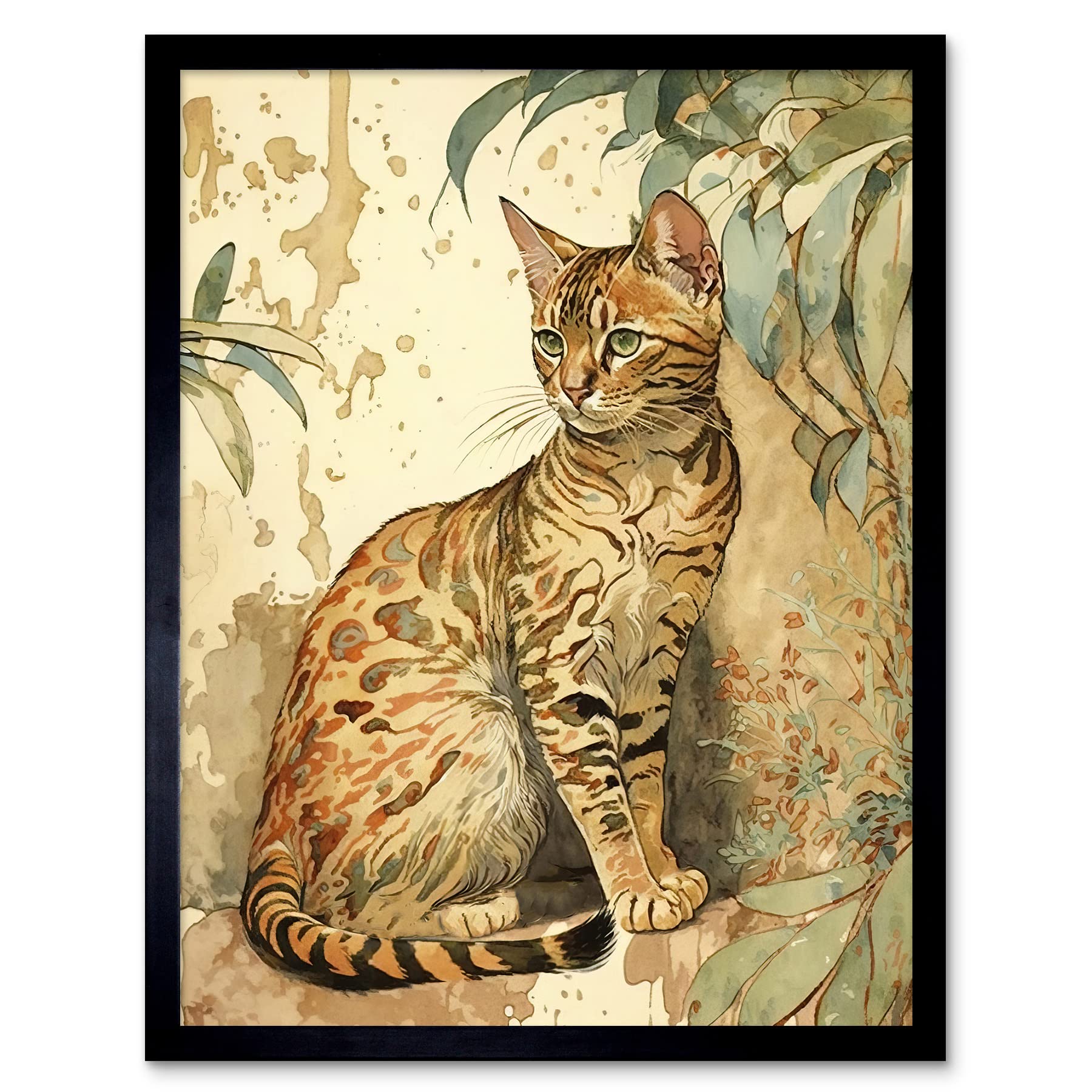 Artery8 Marble Coat Bengal Cat Perched Street Wall Watercolour Framed Wall Art Print from B&Q