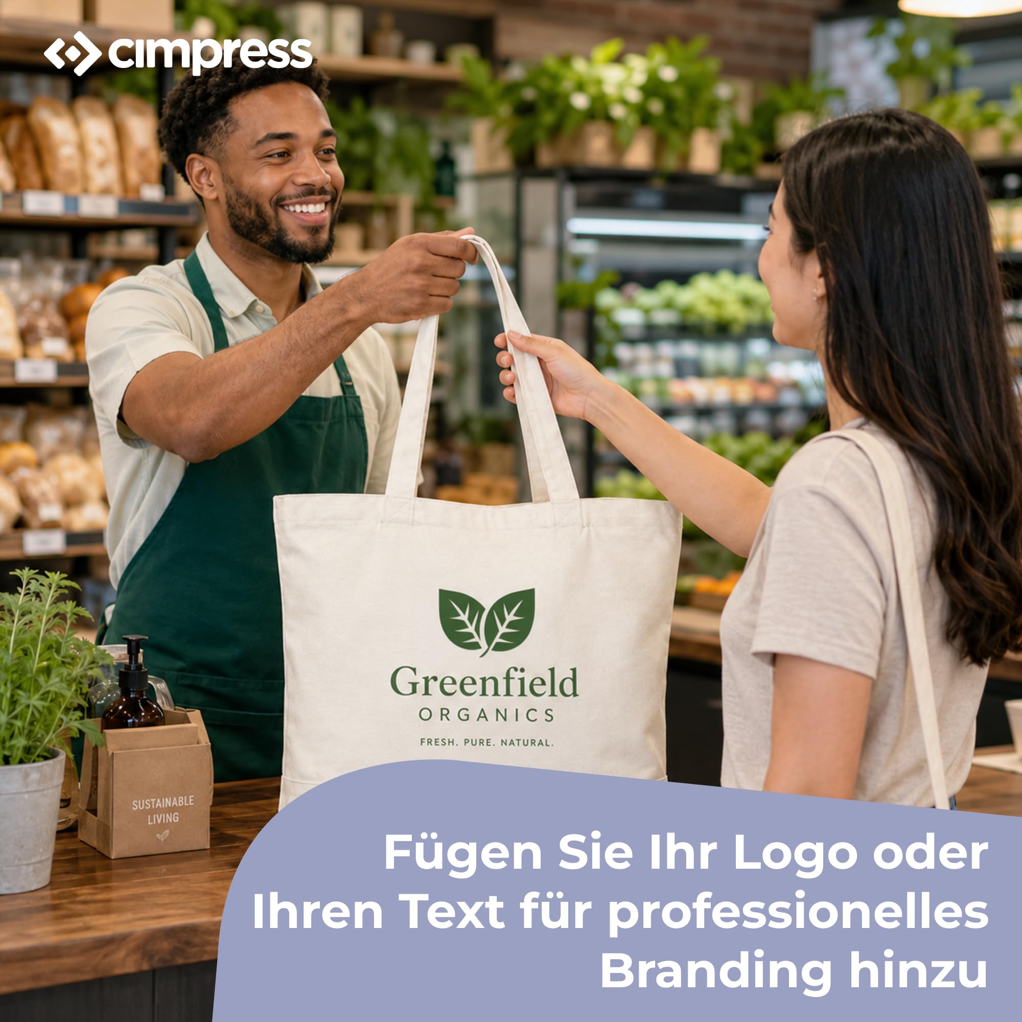 Cimpress Personalisierte Baumwolltaschen, 47 x 38 cm, Naturfarbe/Schwarz | Eigenes Foto, Logo oder Text hinzufügen, beidseitig bedruckbar, ideal für Fotogeschenke, Alltag, Einzelhandel und Events