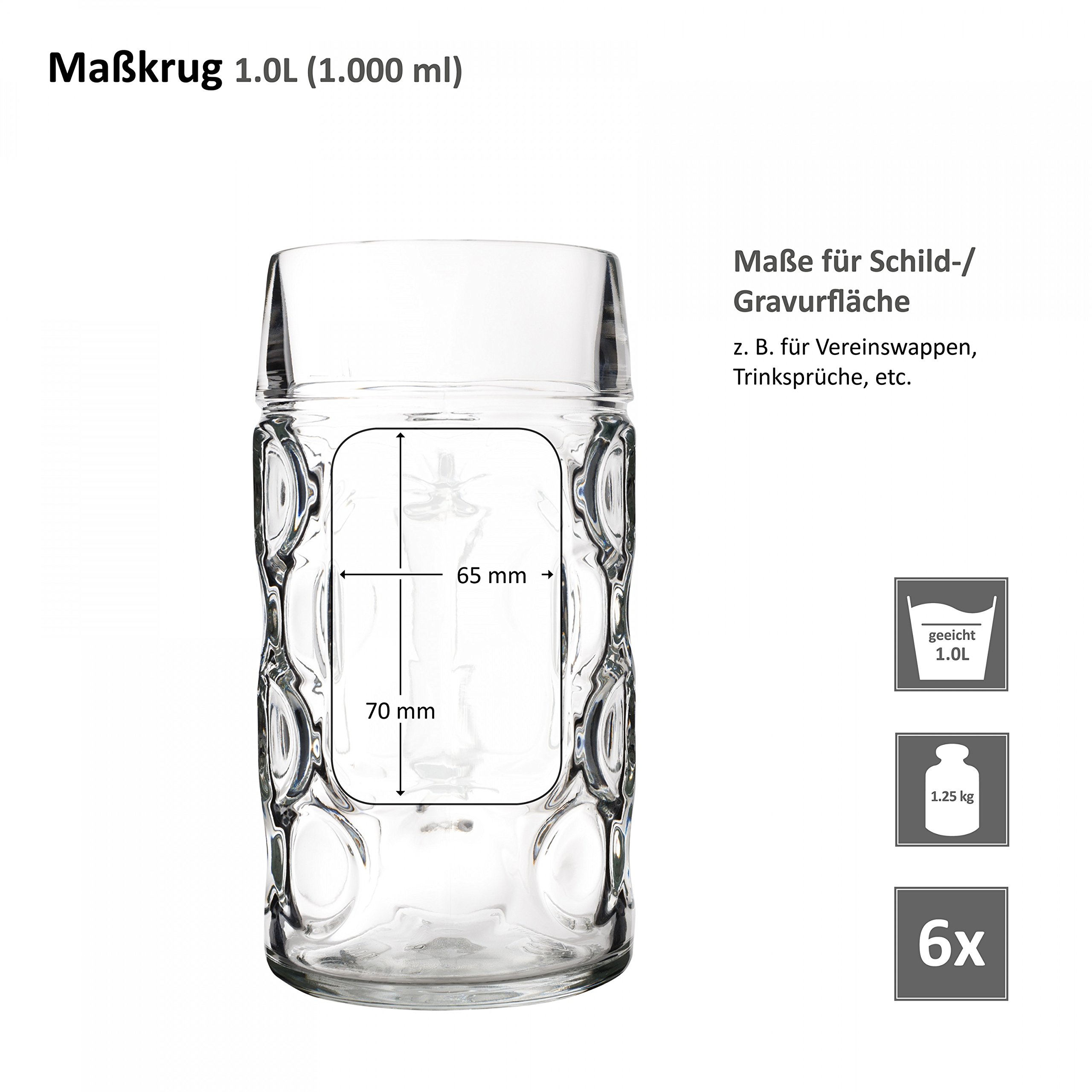 VAN WELL Set DI 6 dimensioni prozellan 'Wellco' - 1 litro boccale di birra in vetro - calibrati