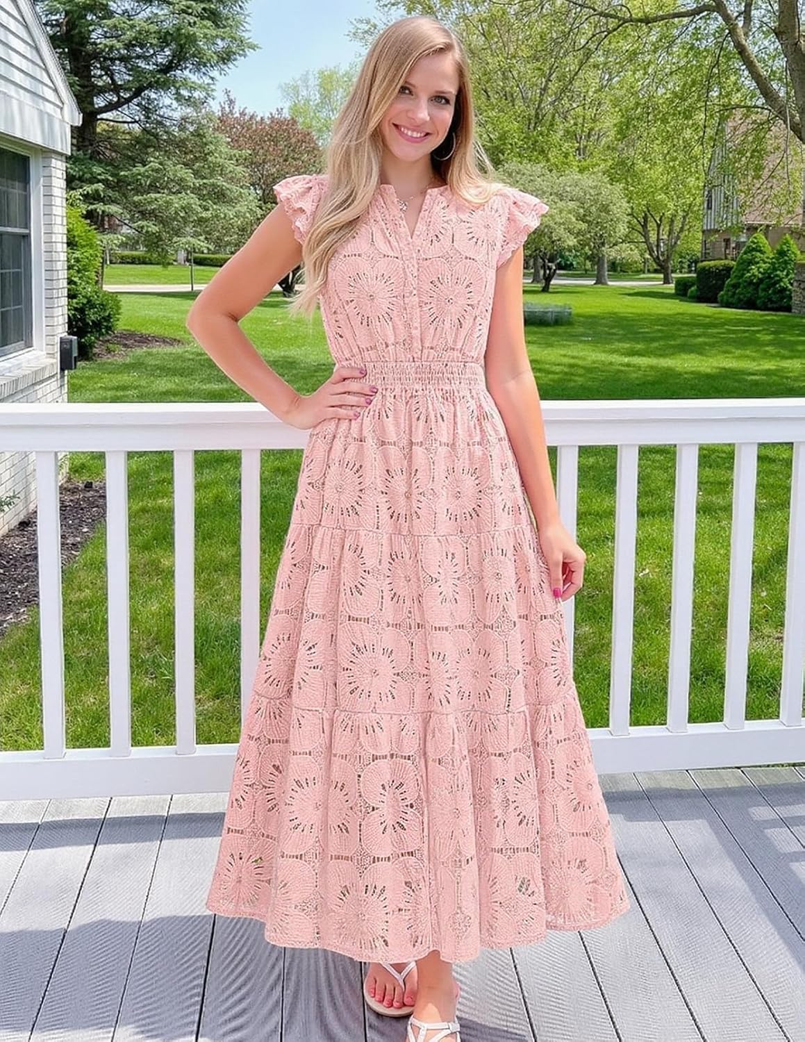 MEROKEETY Women's Summer Lace Eyelet Maxi Dress 2026 Spring Casual Boho Flutter Sleeve Tiered Flowy Beach Vacation Dresses - Image 6