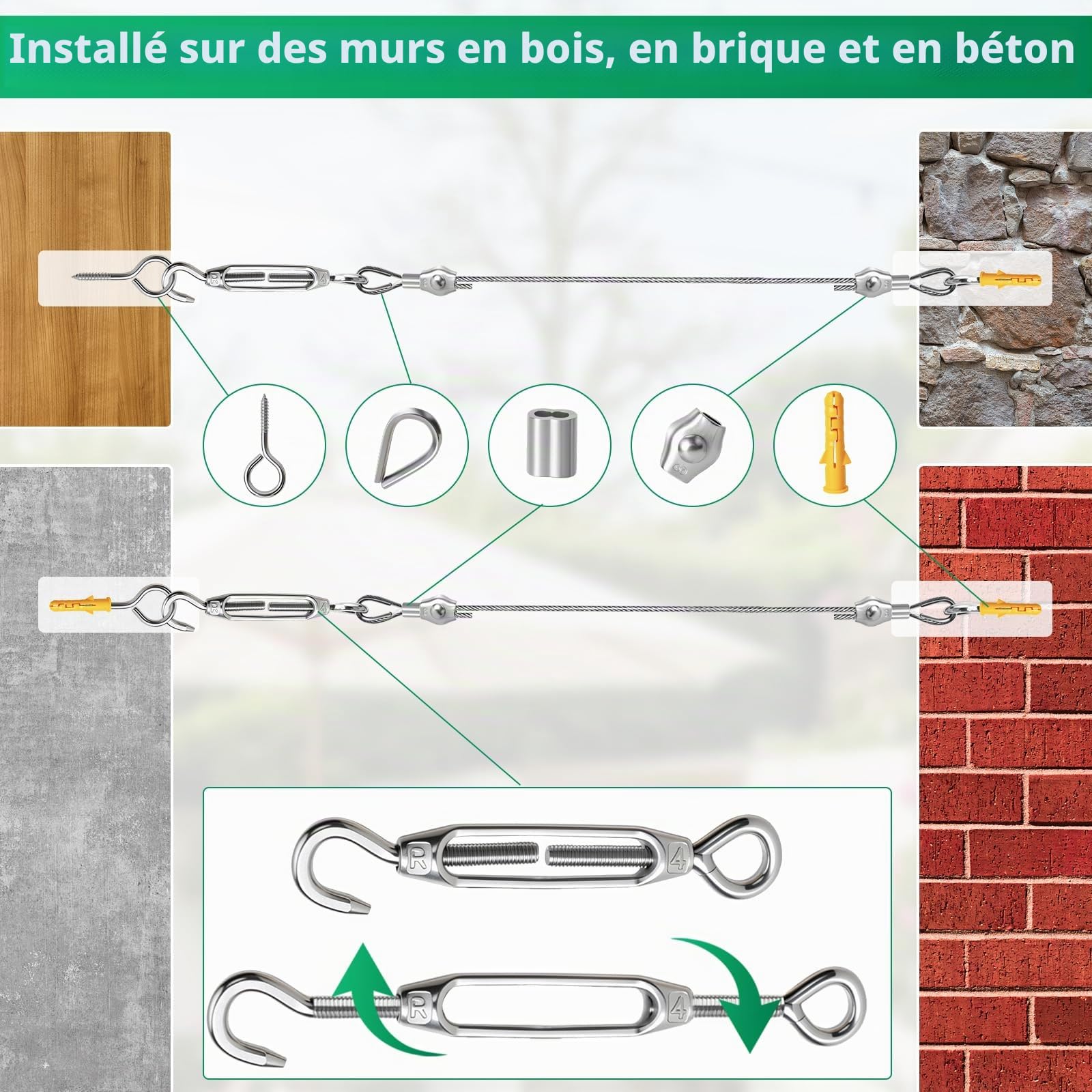 94 Pièces Kit de Câble Métallique en Acier Inoxydable 304, 60M 2 MM Recouvert de PVC avec Tendeur Cable Inox, pour Plantes Grimpantes, Clôture, Treillis, Étendoir Extérieur, Suspension de Luminaires