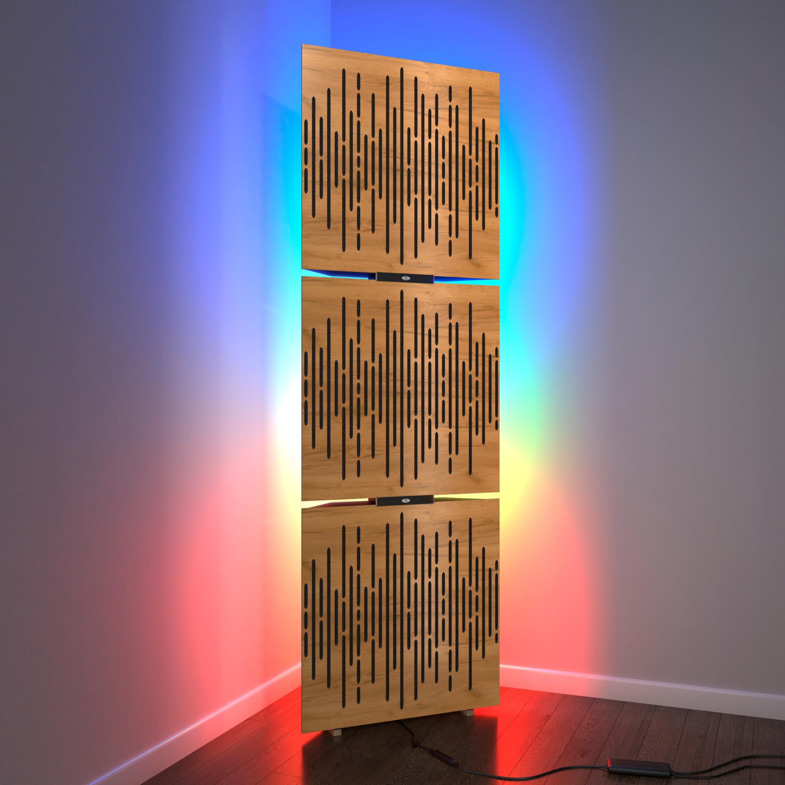 3-pak – akustyczne pułapki basowe "WAVE" z lampą podłogową RGB Light | Narożny mobilny stojak akustyczny LED z podświetleniem | Absorpcja dźwięku i dyfuzja | 150 x 50 x 15 cm | Kolor płyty: dąb