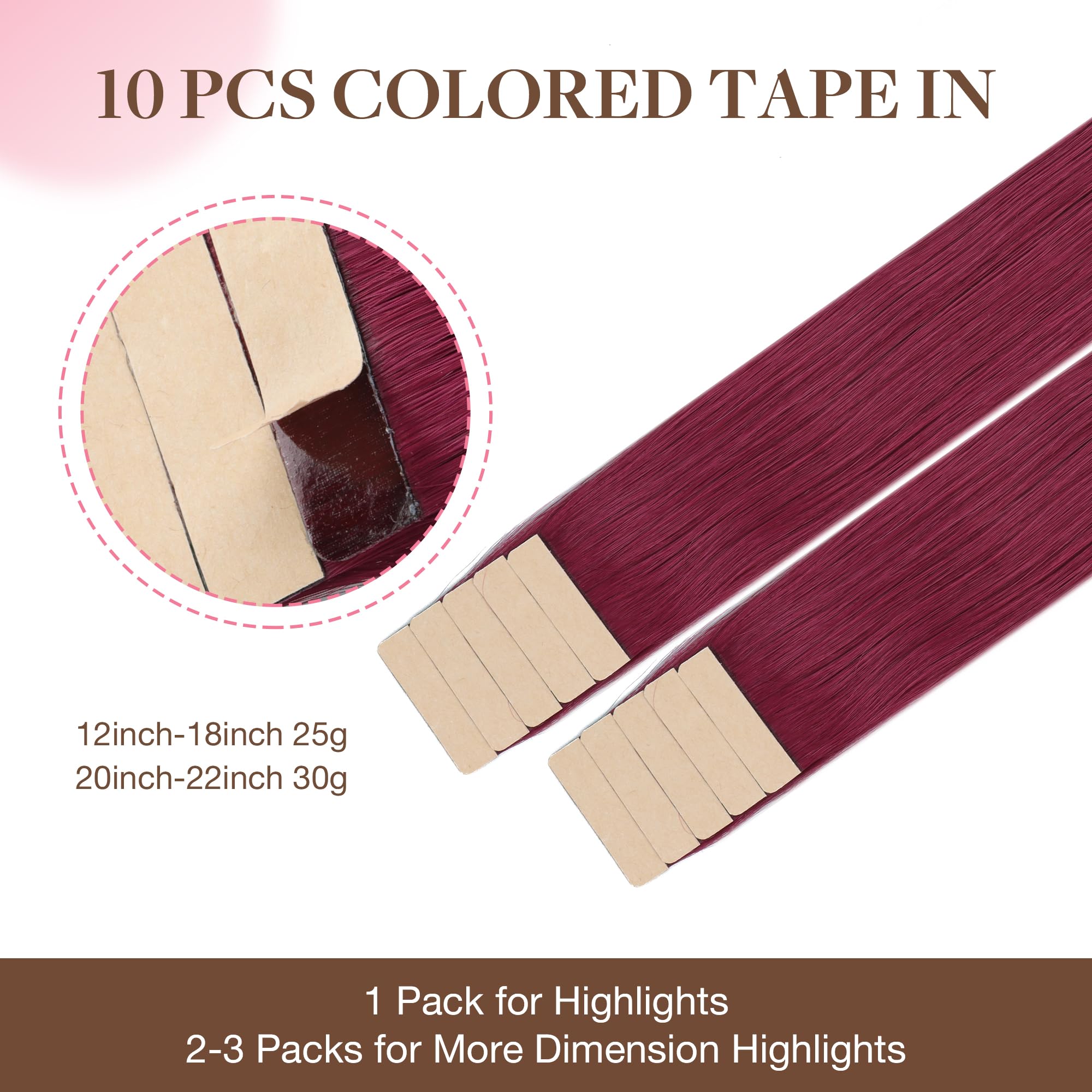 GOO GOO Tape in Hair Extensions Human Hair, Burgundy Red 10pcs 30g 22inch, Colored Tape ins Human Hair Extensions - Image 3