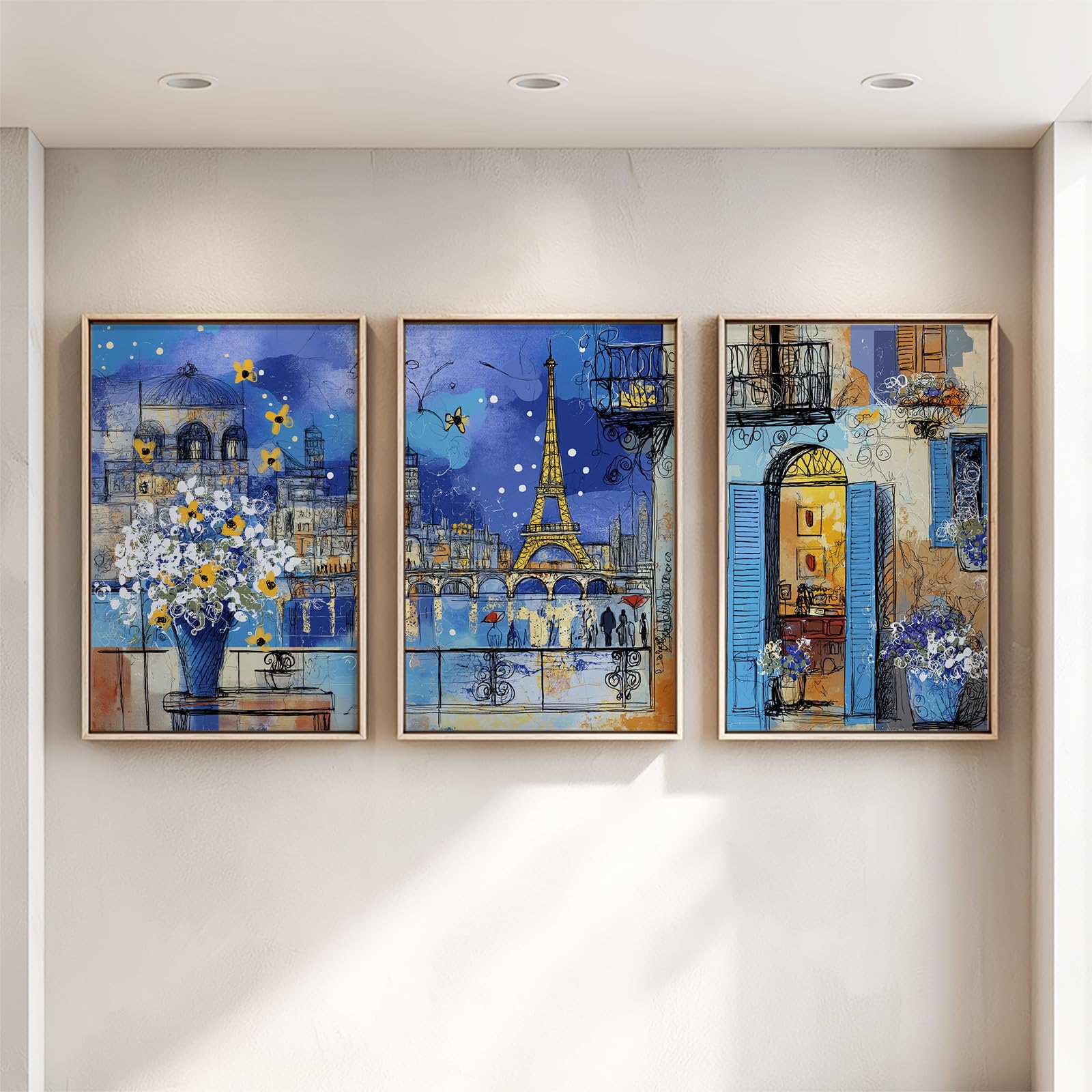 Generisch 3 piezas de arte mural pósteres, paisaje urbano estético murales para sala de estar dormitorio decoración, impresionista Torre Eiffel flor noche romántico lienzo imágenes 42 x 59,4 cm x 3