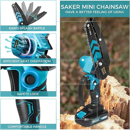 Miniatura 5 de Saker Mini motosierra, motosierra eléctrica portátil de 6 pulgadas, inalámbrica y mini motosierra Saker inalámbrica de 6 pulgadas, interruptor de