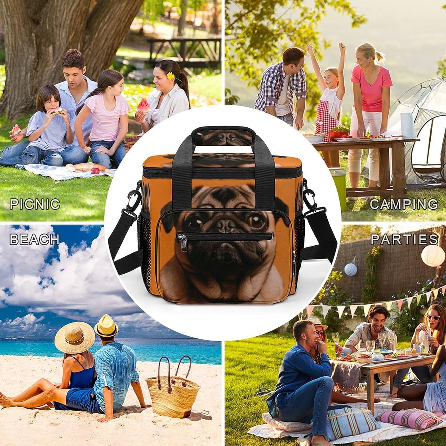 Camping Ice Pack, A Pug Print Cooler Bag, 22.5L Large Capacity Insulated Lunch Tote Bag for Outdoor, Picnic, BBQ, Travel, Work