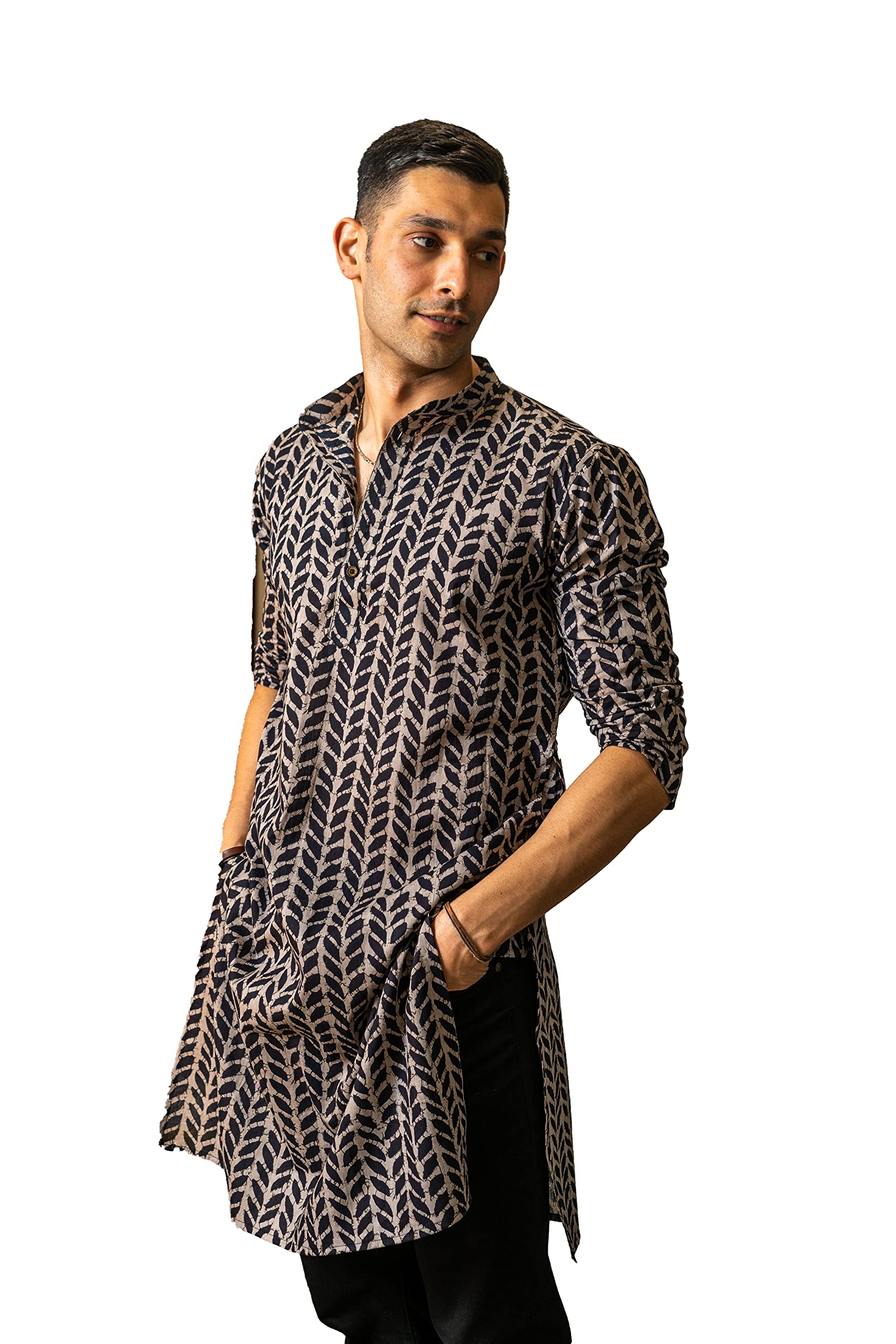 The Black Petal Print Long Kurta for Men (S-10XL)