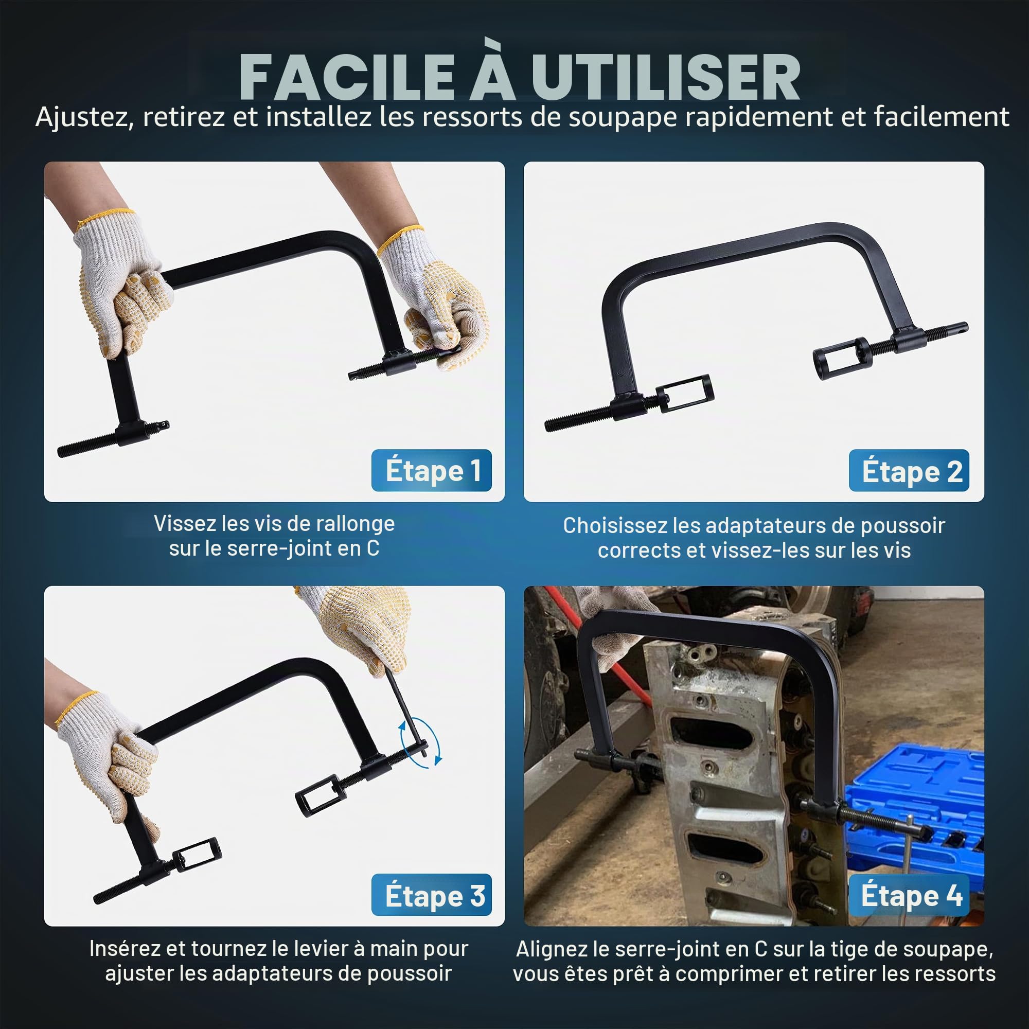 FreeTec Kit de Leve Soupape,12 Pièces Compresseur Ressort Soupape avec Solide C Pince et Rodoir de Soupape, 16-30mm Compresseur de Ressort de Soupape Demonte Soupape pour Auto Moto Voiture