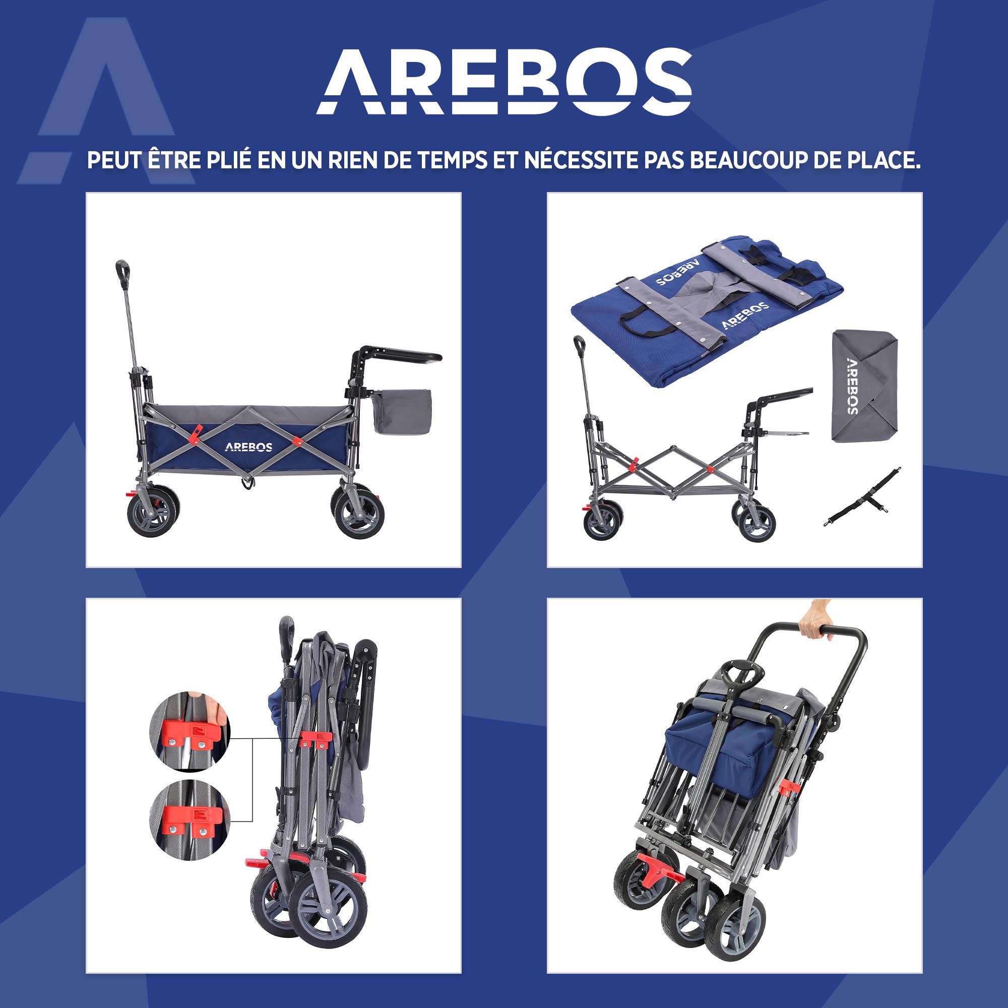 Arebos Chariot de Transport Pliable de qualité supérieure avec Toit | Chariot de Transport | Pliable | Jusqu'à 100 kg | Frein Avant et arrière | Bleu