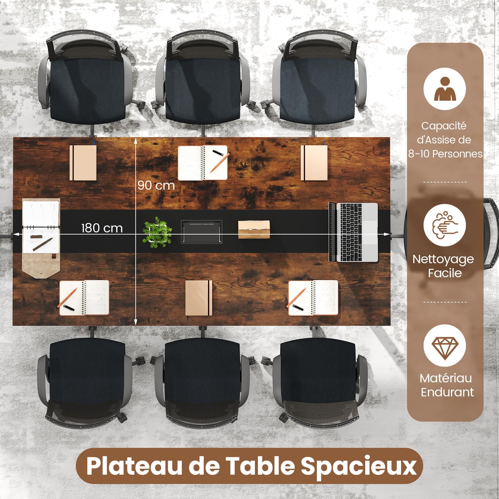 COSTWAY Table de Conférence180 x 90 cm, Table de Réunion pour 8-10 Personnes, Rectangulaire avec Passe-câble pour Salle de Réunion, Bureau, Salle à Manger, Marron Rustique