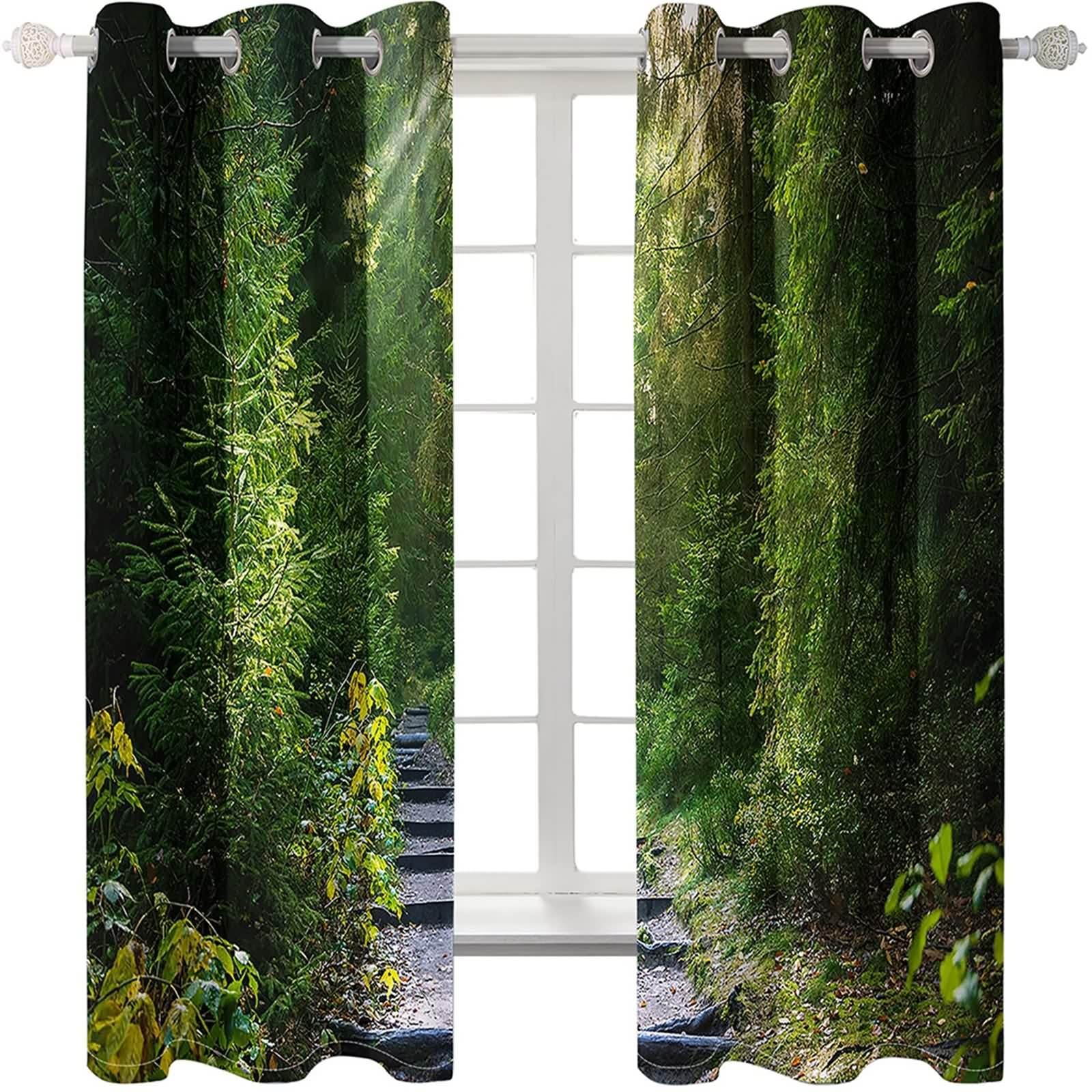 Verdunklungsvorhänge Schlafzimmer, Vorhänge Polyester Grün Baum und Pfad Gardine 2er Set B 214 x H 244 cm
