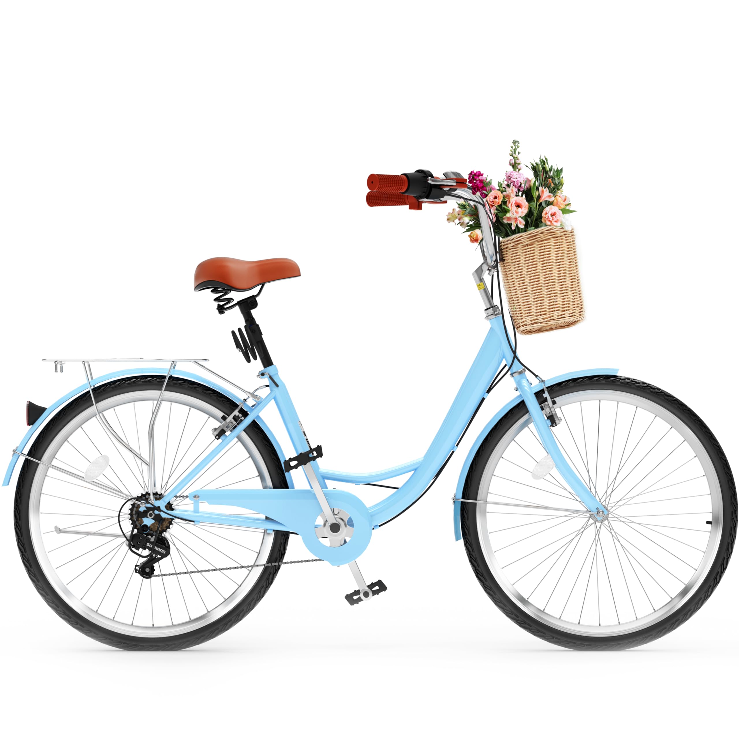 Beach Cruiser Bike for Women, 24 & 26 inch Commute Bike for Adults, 1 & 7 Speed Womens Bicycle with Basket Adjustable Seat, Multiple Color