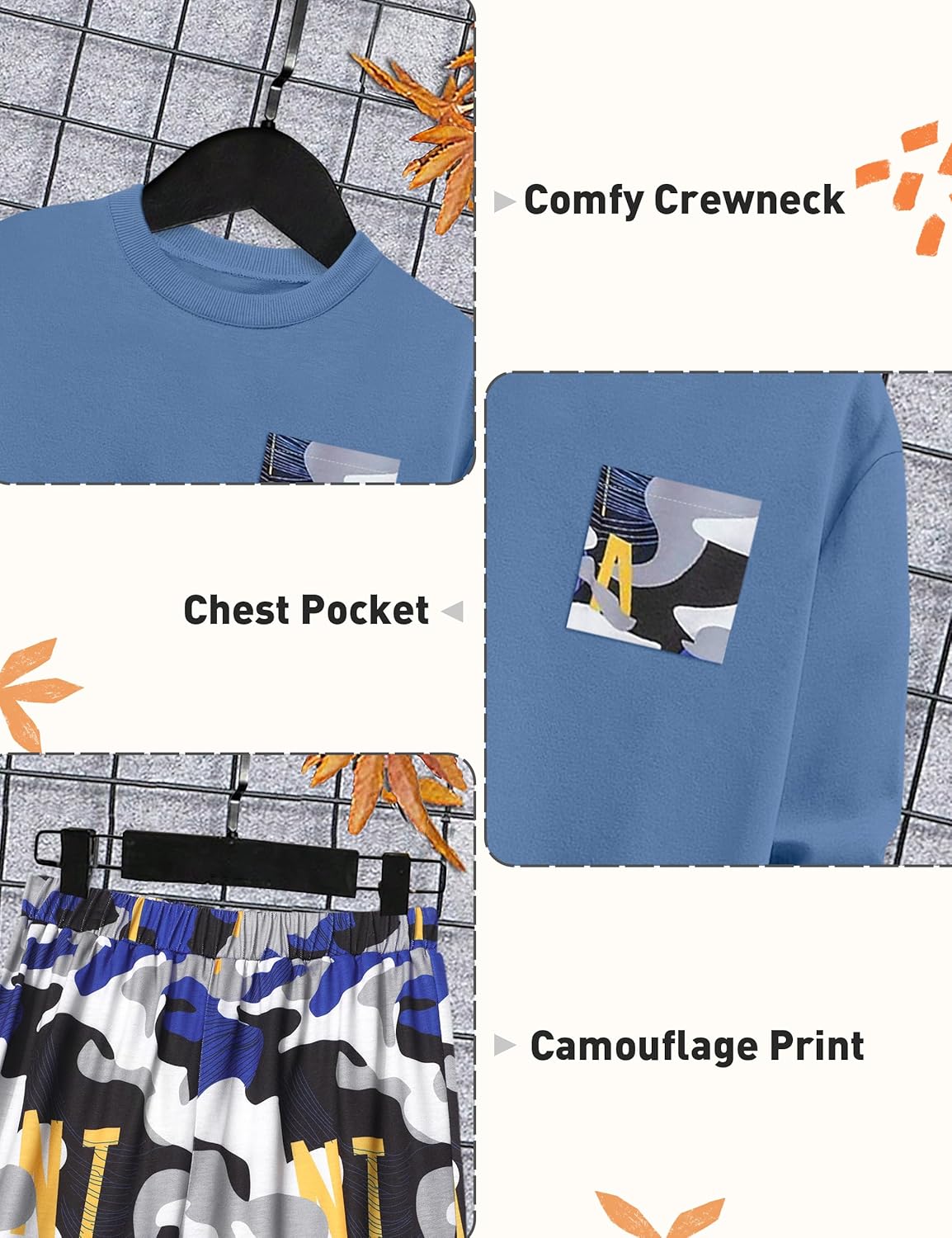 WIQI Boys Clothes 2 Piece Long Sleeve Pullover Sweatshirt and Camouflage Sweatpants Fall Winter Outfits Set 6-14Y - Image 5