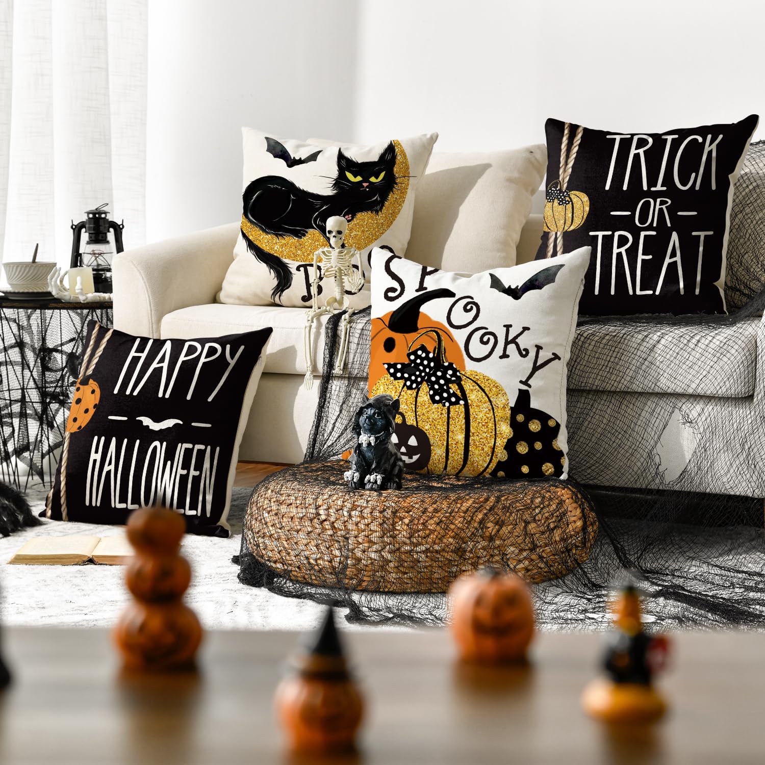 Happy Halloween Boo - Juego de 4 fundas de almohada con diseño de gato negro, 18 x 18 pulgadas, diseño de murciélago de calabaza espeluznante para sofá 2