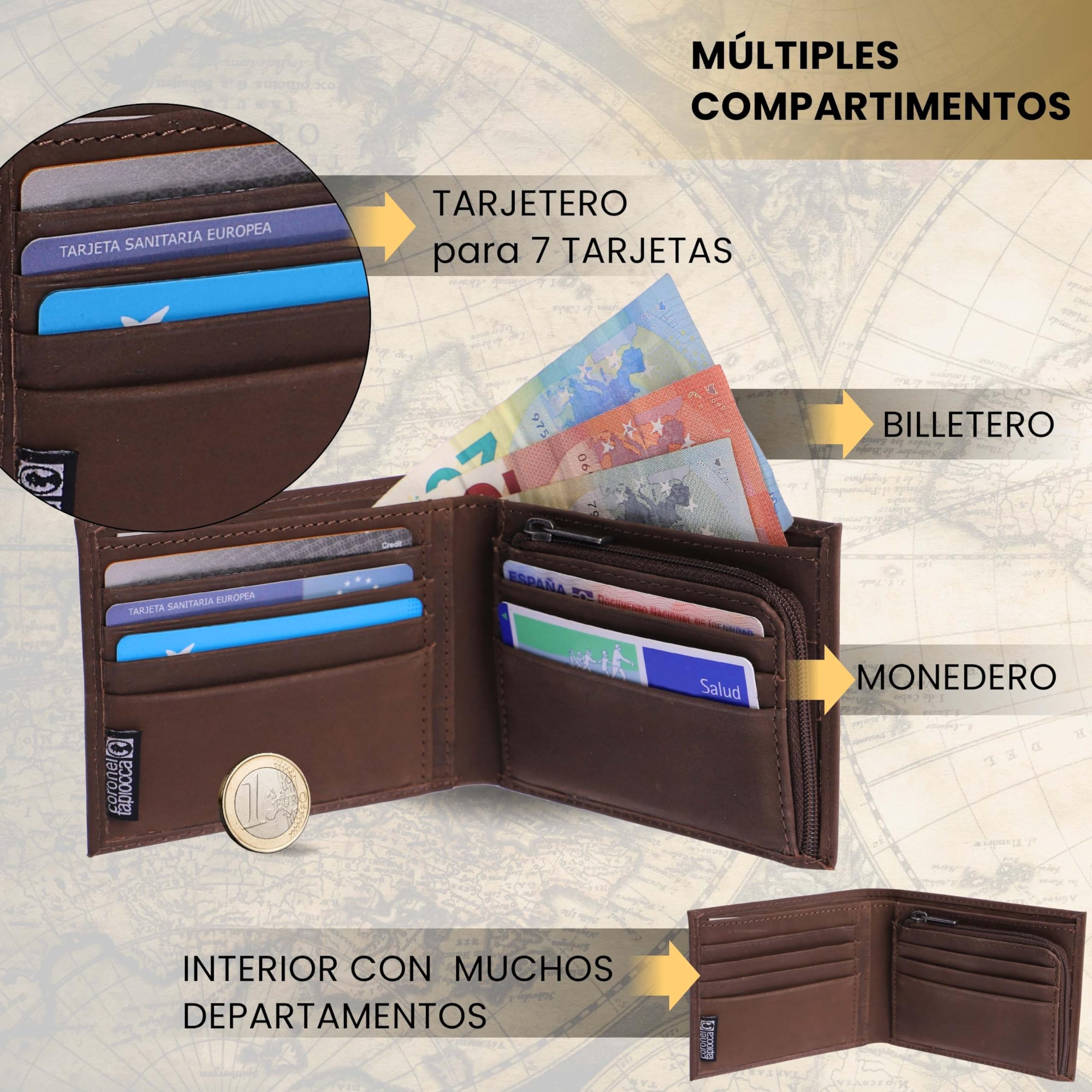 Coronel Tapioca - Carteras para Hombre de Piel - Cartera Hombre con Monedero - Monedero Casual - Cartera Tarjetero Gran Capacidad con Protección RFID
