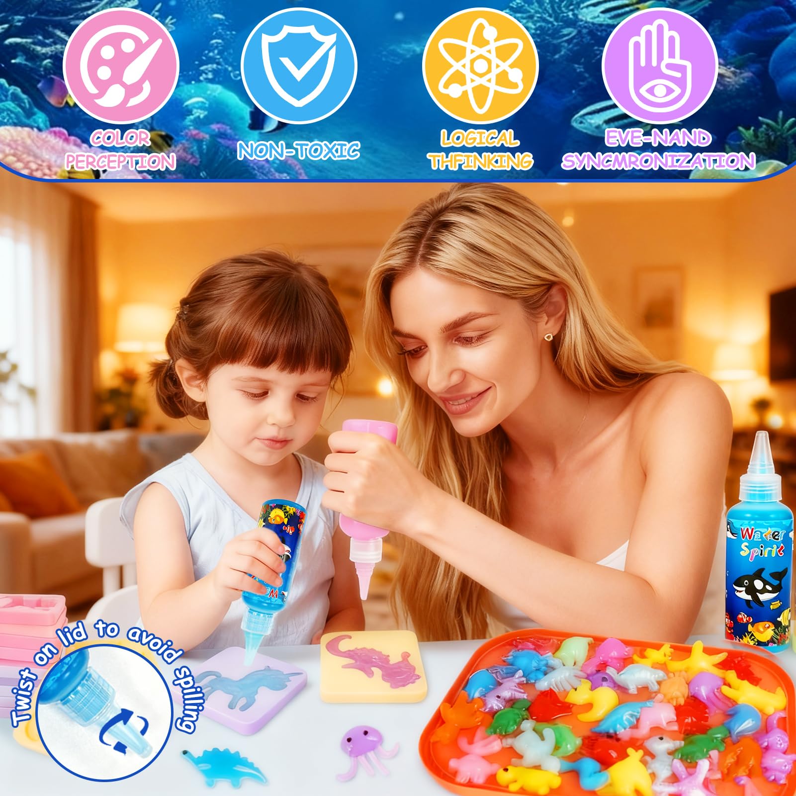 SACBRZZ Magic Water Elf, 71PCS Aqua Gelz Set,Mágico 3D DIY Kit De Gel De Agua Para Niños, Con 24 Colores Y 24 Animales Marinos Moldes, Manualidades Niños Para De 3 Años En Adelante