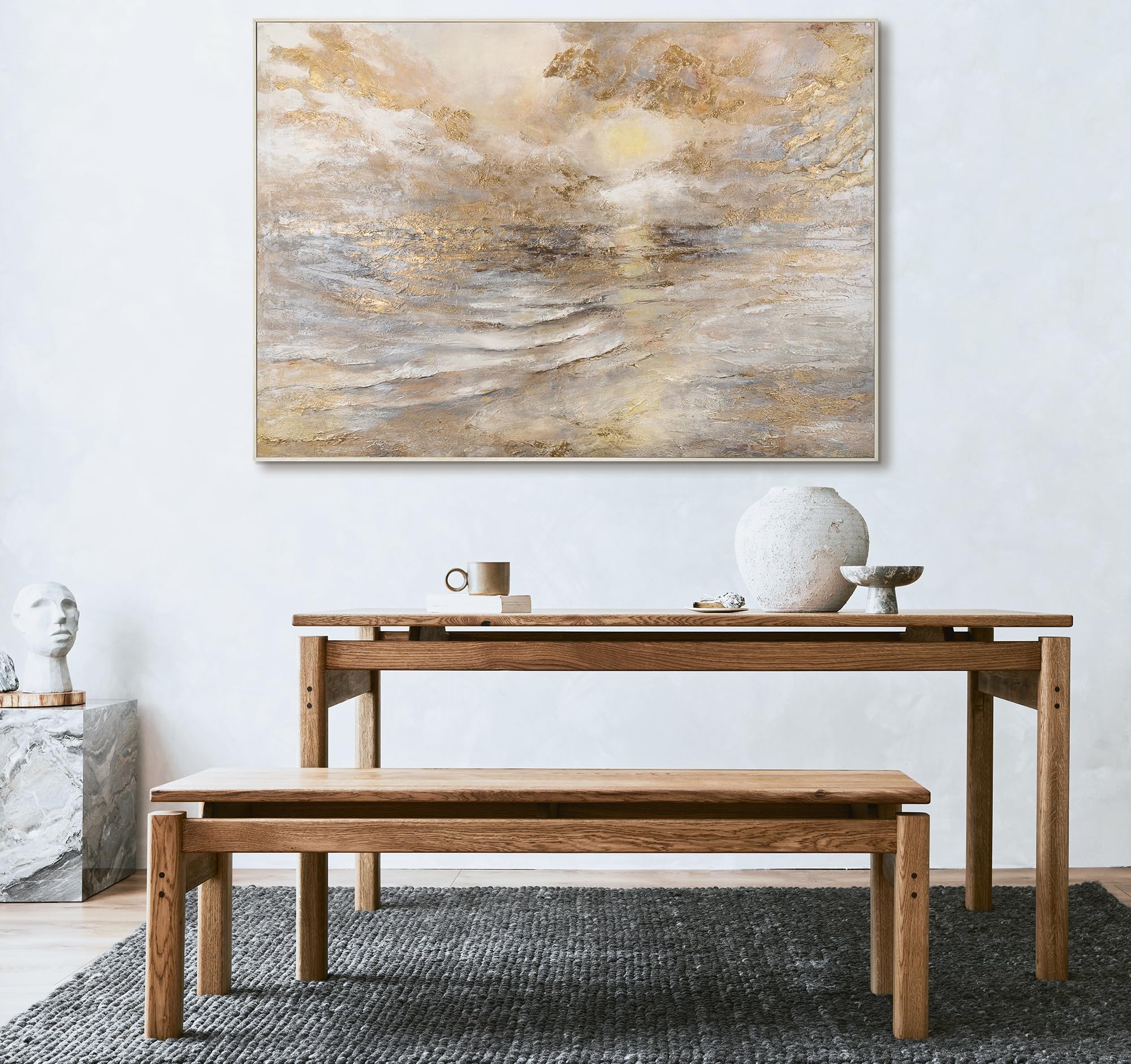YS-Art Quadro Marino Beige Oro Perla Materico Dipinto a Mano su Tela per Soggiorno Luminoso Camera Relax e Hotel Boutique 120x80 cm