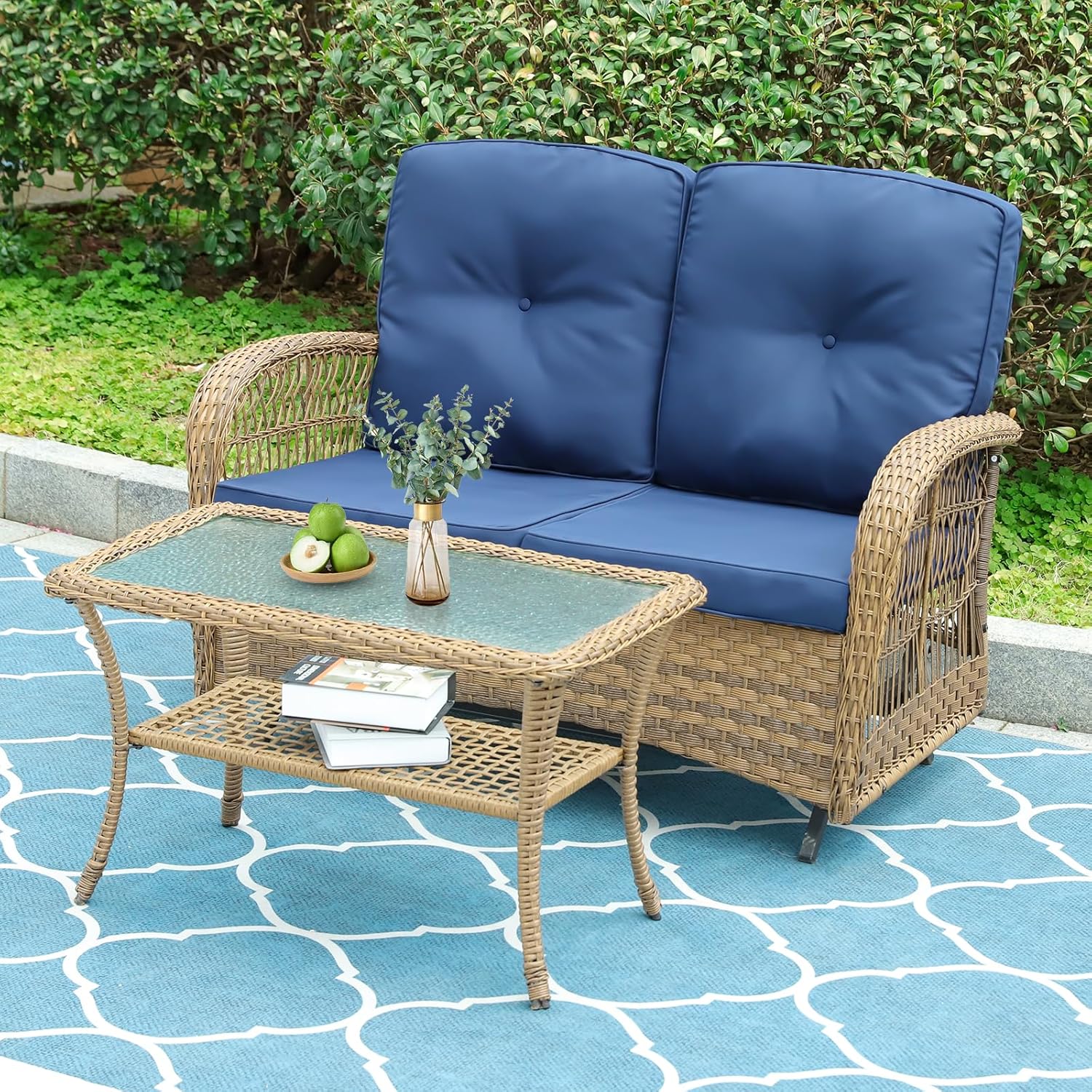 VIVIJASON 2-Piece Patio Wicker Loveseat Glider Set Cushioned, Outdoor Conversation Furniture Sets with 2-Seater Glider Rocking Bench, Coffee Table and Cushions for Porch Garden Poolside, Navy Blue