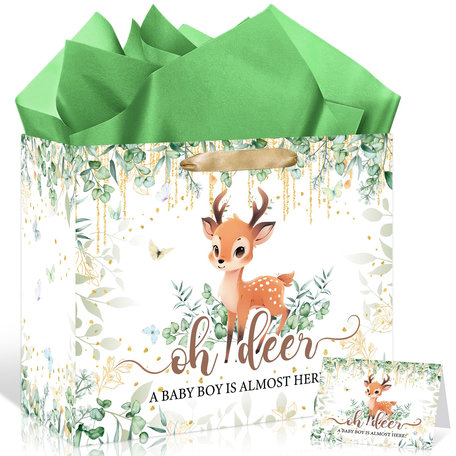Deer Baby Shower Bag Decorations for Boys Oh Deer Gift Wrap Bag with Wrapping Paper Card Woodland Party Favors A Baby Boy Is Almost Here Goodie Bags for Newborn Kids Birthday Gender Reveal Supplies