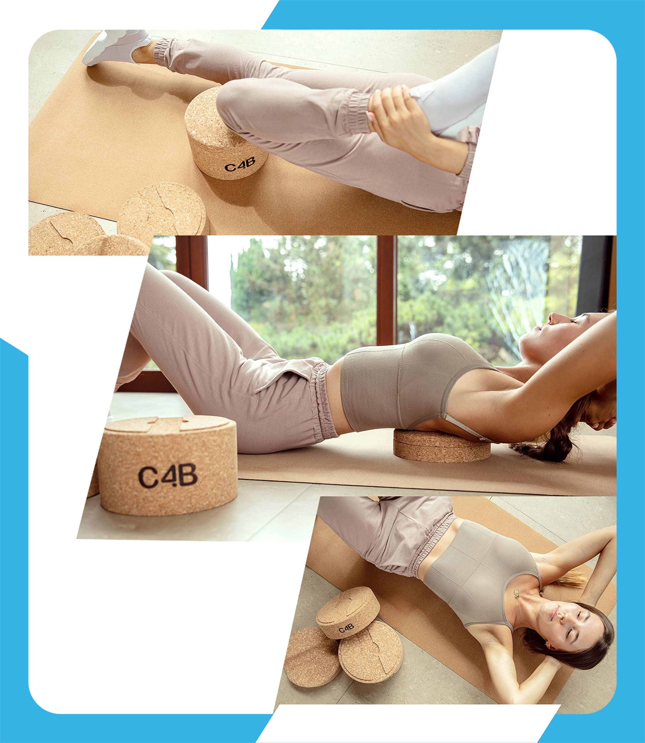 C4B Set Per Estensione Schiena in Sughero | Stretching Schiena, Colonna Vertebrale e Petto | Estensore Schiena con Altezza Regolabile | con Borsa da Palestra in Cotone