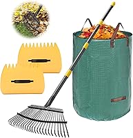 Lilyvane Heavy Duty 18" Metal Leaf Rake with 65" Adjustable Handle, 25 Tines, 32Gal Reusable Bags & Scoops - Lawn Yard Cleanup Kit