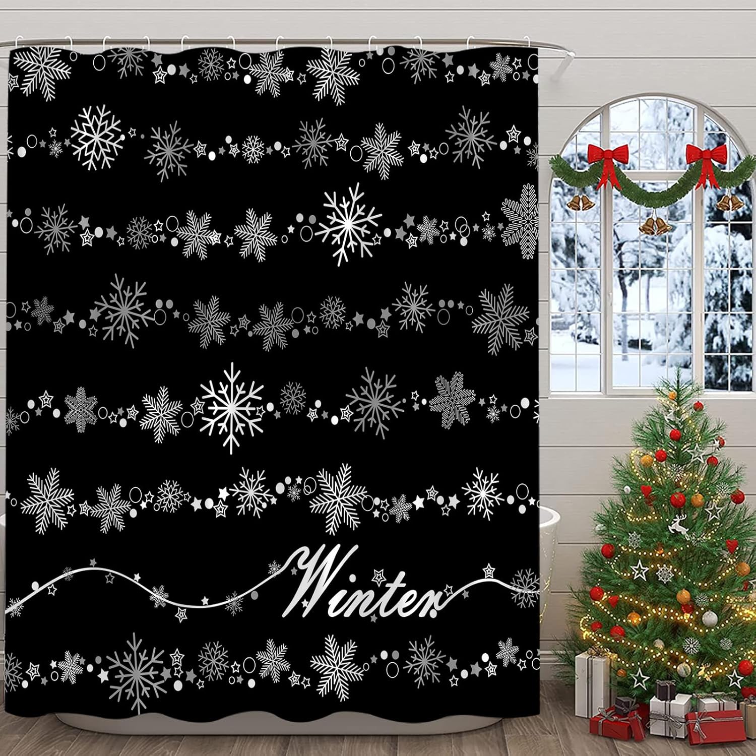 Christmas Shower Curtain Snowflake Xmas Snow Black White Winter Holiday Fabric Bathroom Decor Sets with Hooks,71W x96H
