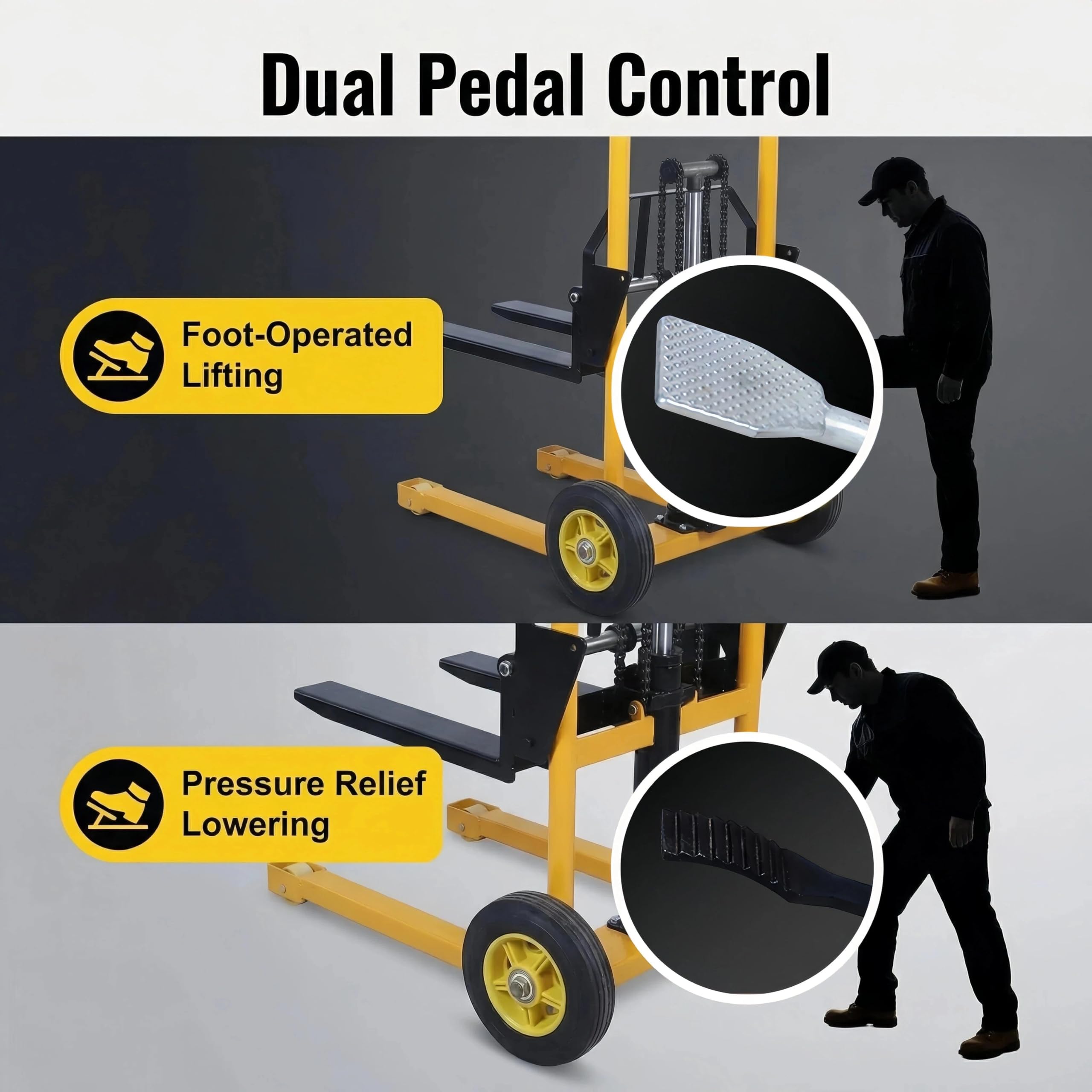 Pallet Stacker 200 kg, carrello elevatore a forcella manuale resistente, pompa a pedale idraulica compatta e resistente, per uso domestico e industriale