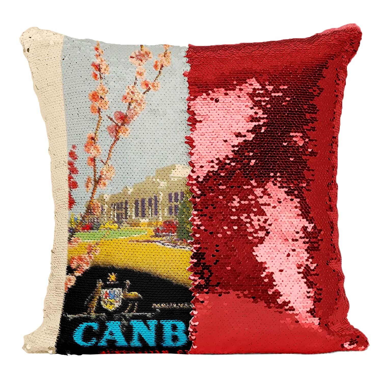 Coussin Sequin Rouge Canberra Australie Housse Paillettes Poster Vintage Art Déco