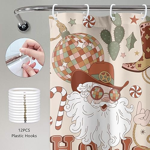 Miniatura 6 de Cortina de ducha navideña de 60 pulgadas de ancho x 72 pulgadas de alto, feliz Navidad, vaquero occidental, Papá Noel, retro, años 70, pino, cactus,