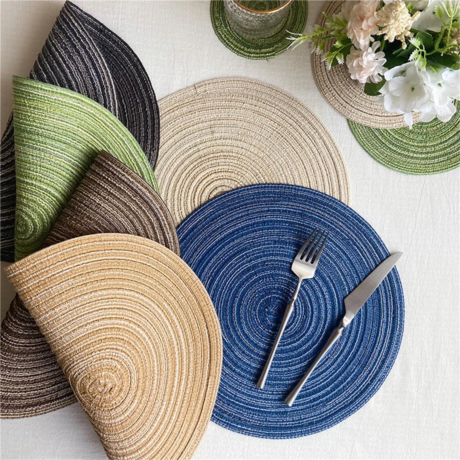 4 manteles Individuales Redondos de ramio Tejidos, Antideslizantes for Mesa Comedor, for vajilla, Posavasos for Tazas y Bebidas Cocina para Mesas De Comedor Y Cocinas(Coffee,4 pcs 30 cm)