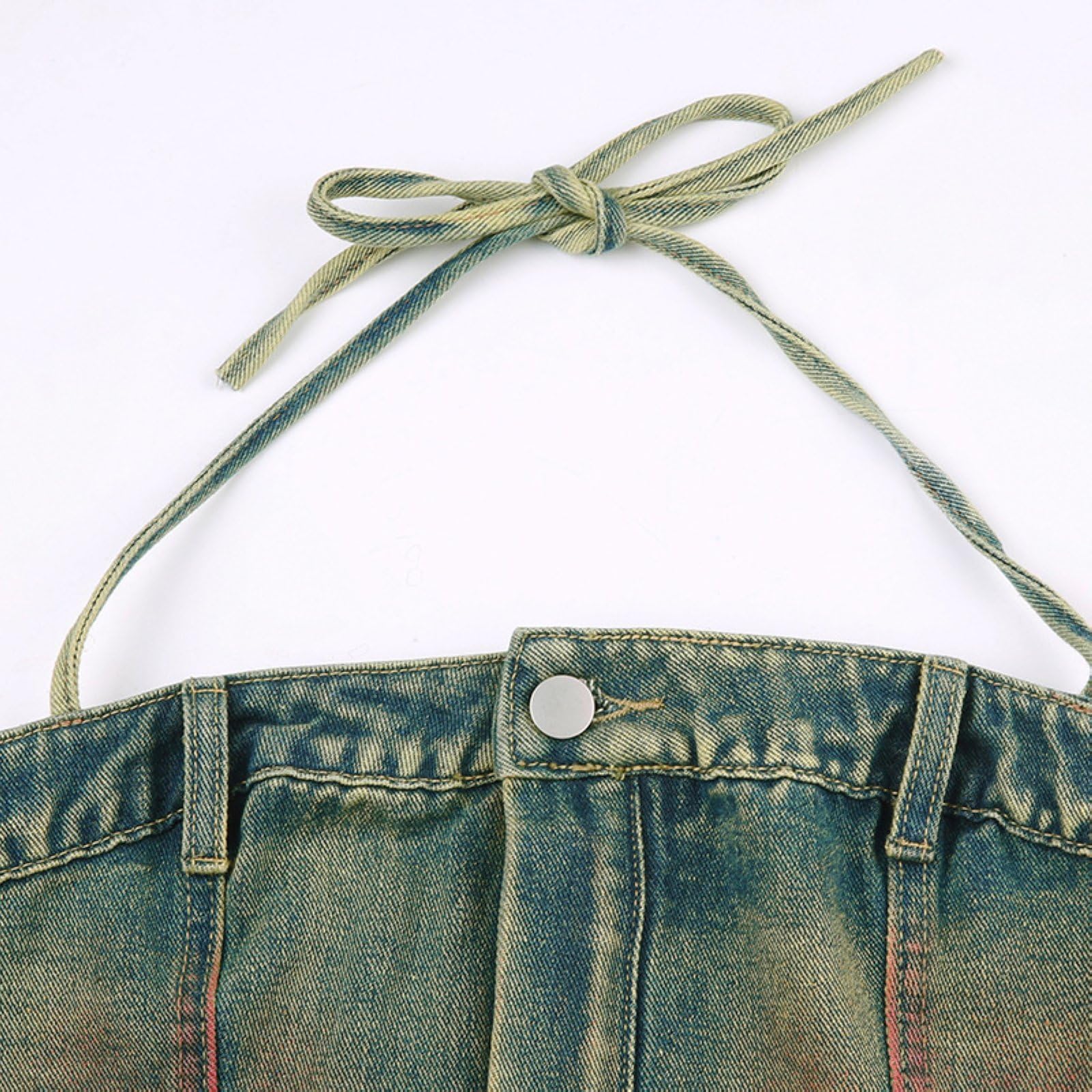 Top z Jeansu Halter dla Kobiet Y2k Swobodny z Odkrytymi Plecami WiąZany Zapinany Na Zamek BłYskawiczny z Przodu Dopasowany Vintage'Owy KróTki Top
