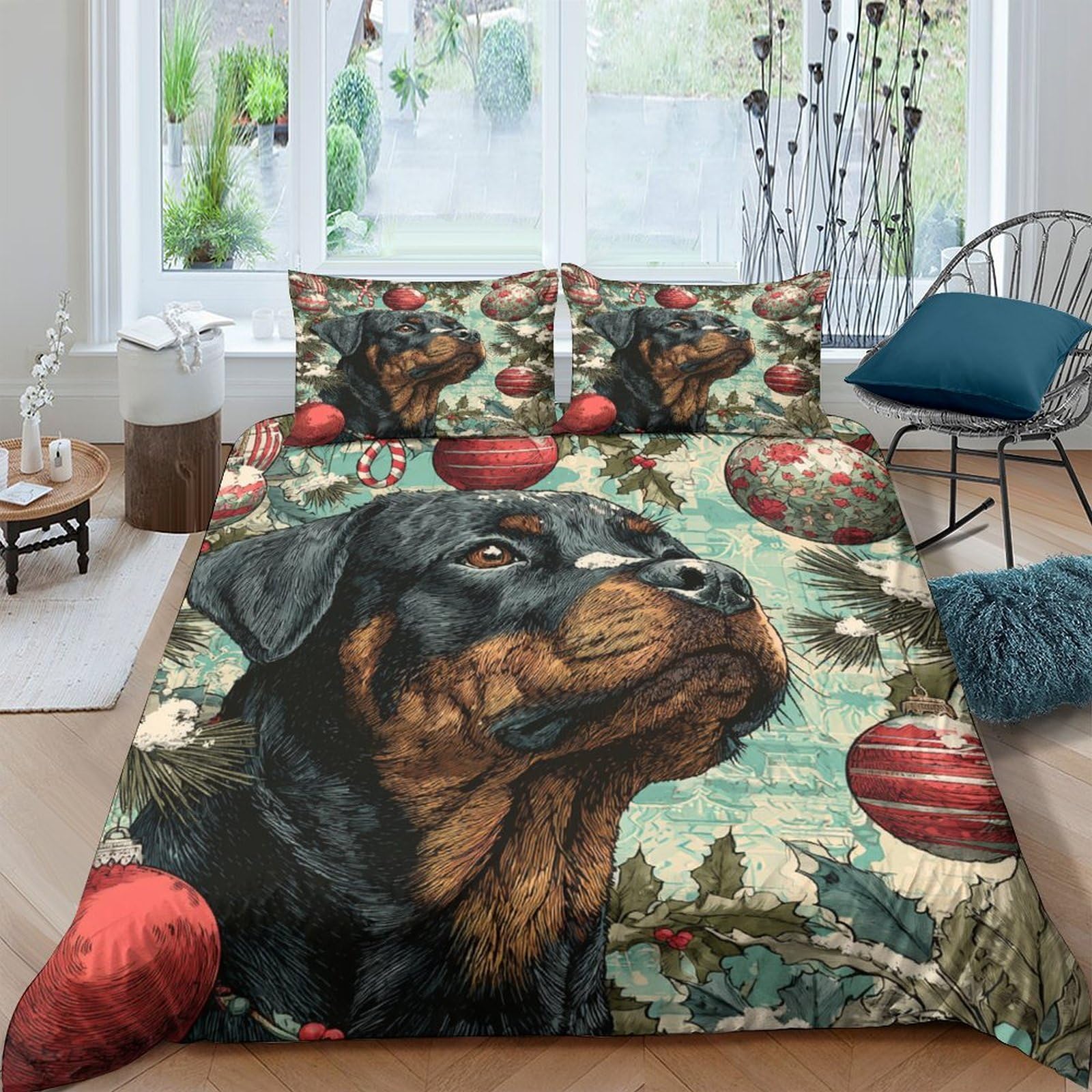 Ctjqhvkz Style-2 3D Printed Rottweiler Dog Fitted Sheet Microfiber Christmas Ornament Bed Cover For Bedroom Decor Mattress Protection Single（135X200cm）