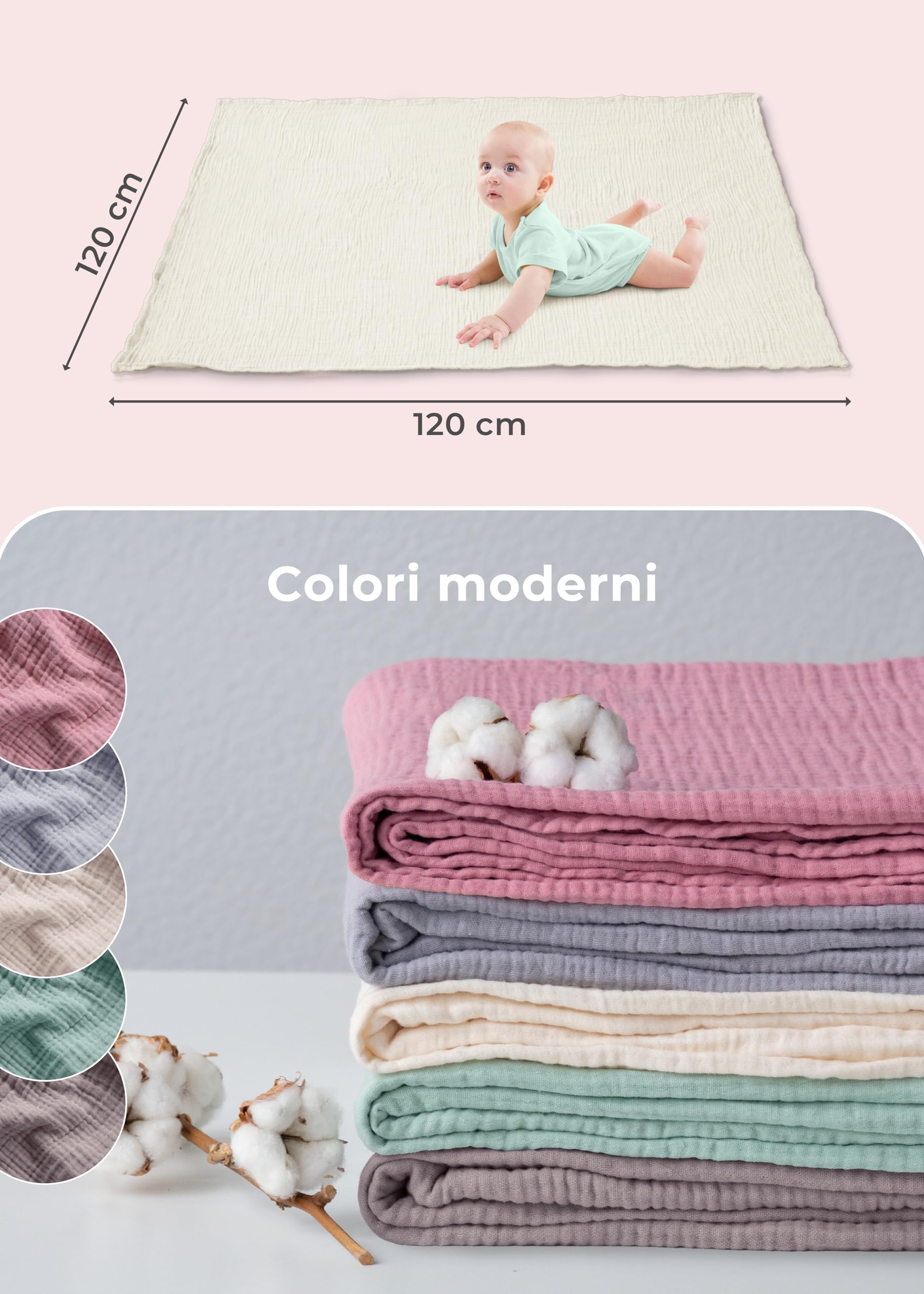 LAYNENBURG Copertina in mussola per neonati 120 x 120 cm – Copertina a 4 strati in 100% cotone – morbida copertina o per dormire, per fasciare, per neonati e bambini piccoli (crema)