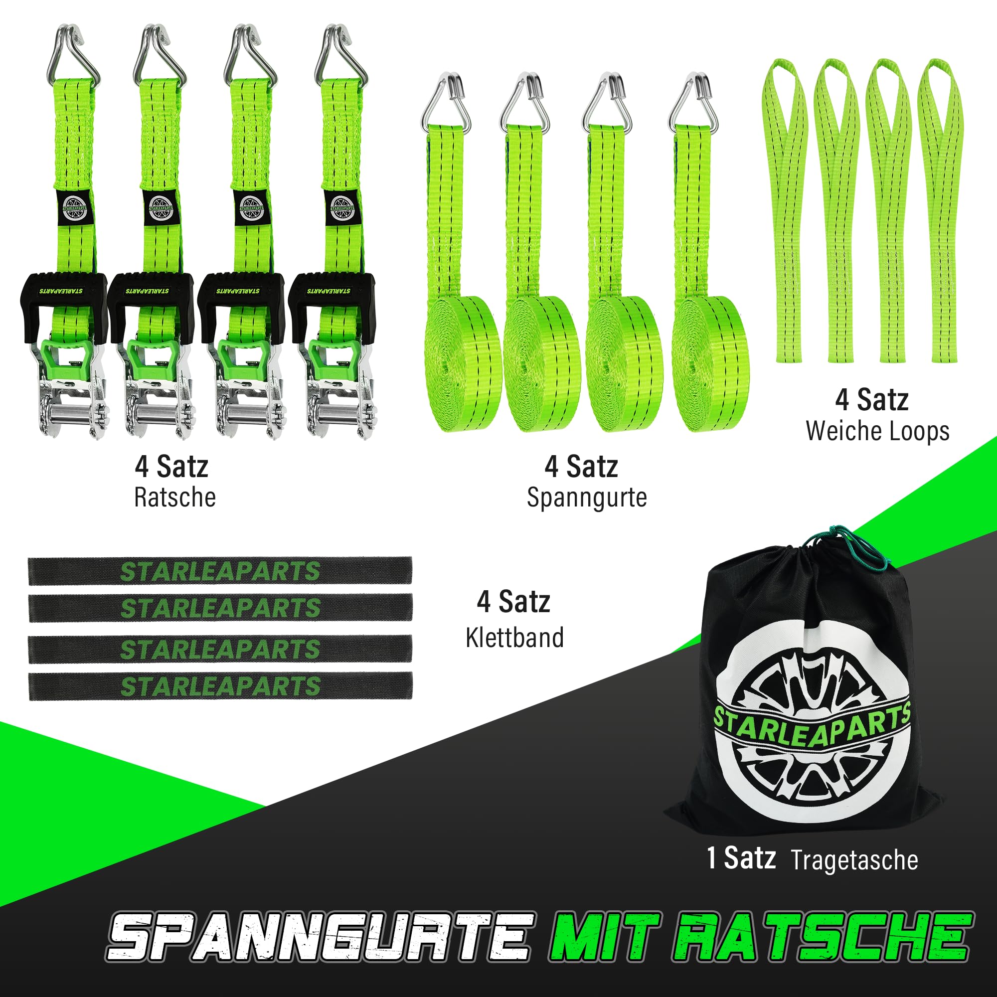 StarLeaparts Set di 4 cinghie di tensione con cricchetto, 6 m x 35 mm, cinghie di fissaggio professionali, cinghie di tensione fino a 2000 kg, cinghie a cricchetto in due pezzi, per trasporto auto,