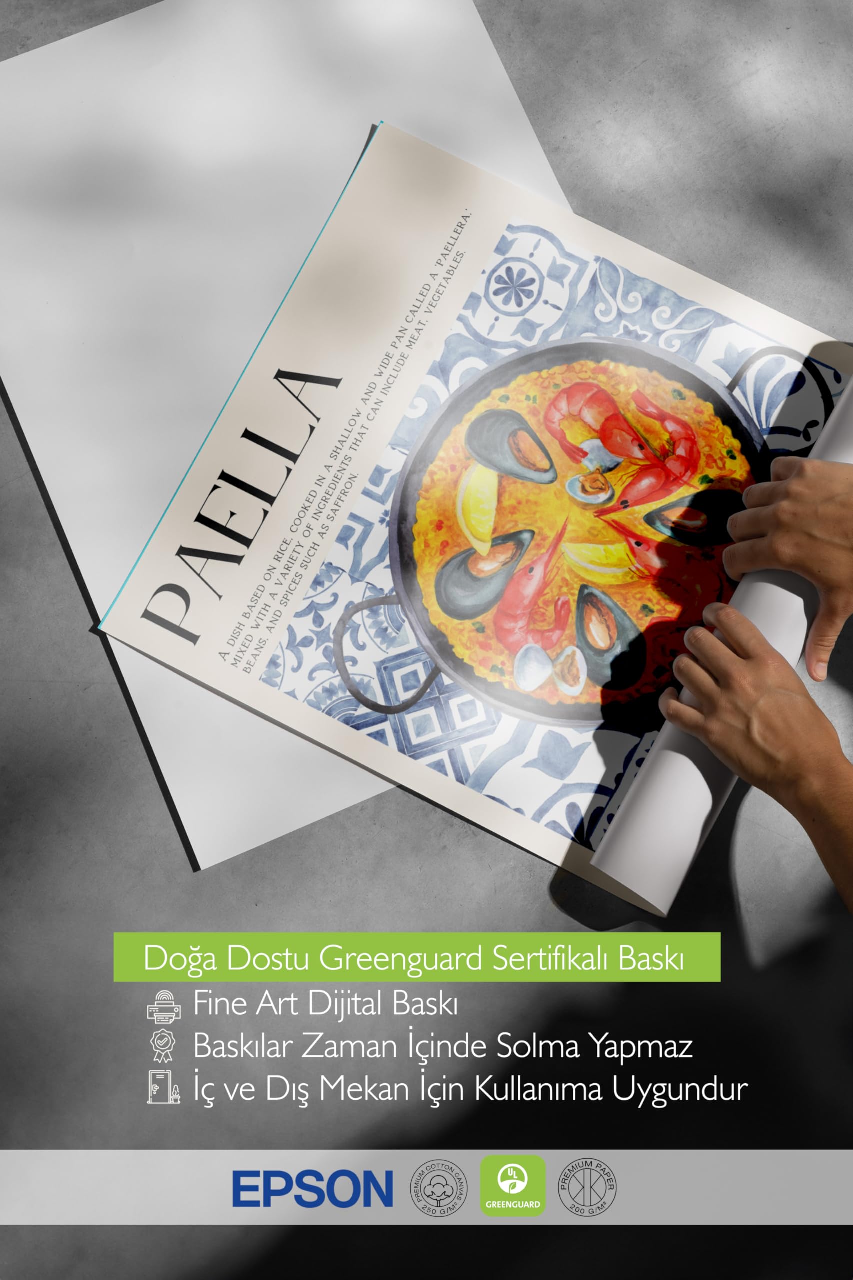 Zestia Beyaz Çerçeveli Tablo, Paella Tabağı, Mutfak Dekoru, Mavi Seramik Stil Poster No: 106688 15 x 21