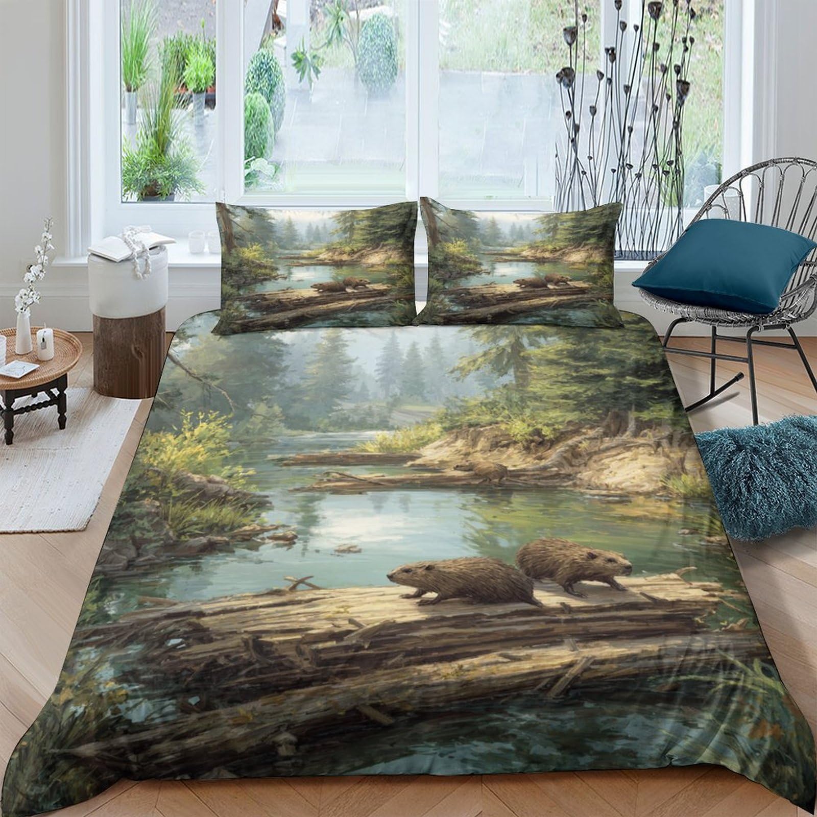 Ctjqhvkz Style-9 3D Printed Forest River Fitted Sheet Microfiber Soft Breathable Bear Landscape Bed Cover For Bedroom Guest Room Decor Single（135X200cm）