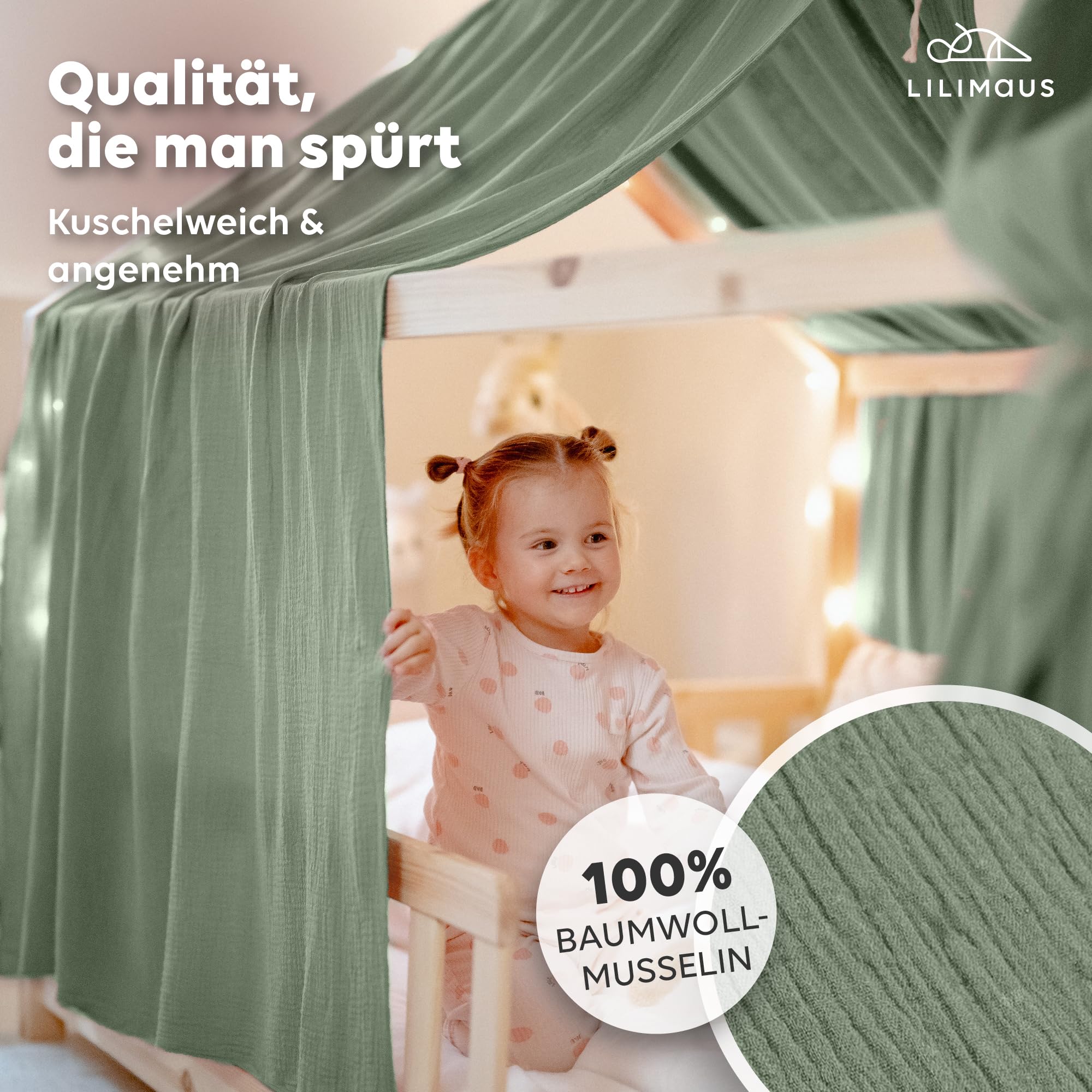 lilimaus Hausbett Himmel 100% Baumwolle Musselin Stoffhimmel für Kinderbett Deko Mädchen Jungen