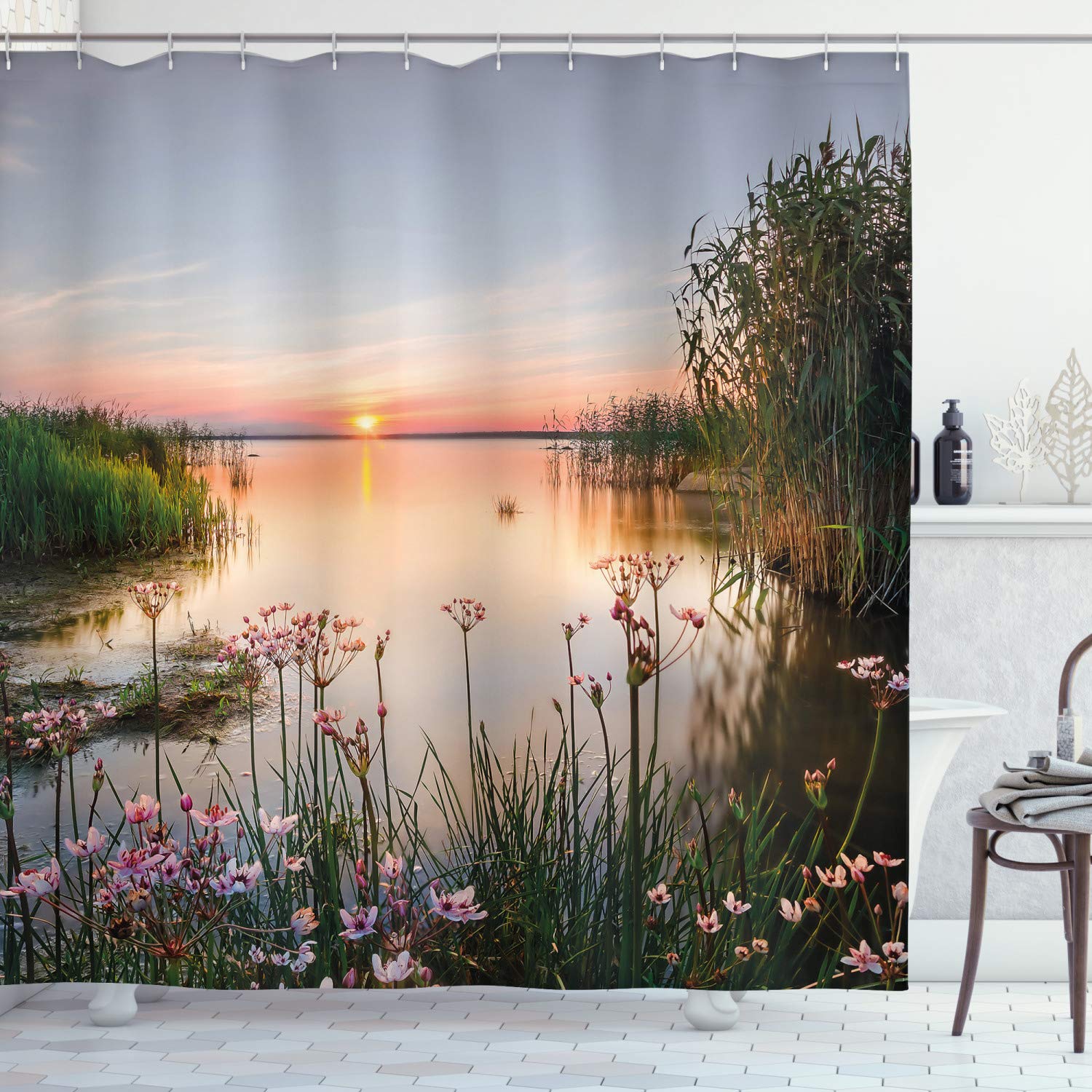 ABAKUHAUS Nature Shower Curtain, Sunset at Chudskoy Lake, Cloth Fabric Bathroom Decor Set including Hooks, 94 Inches