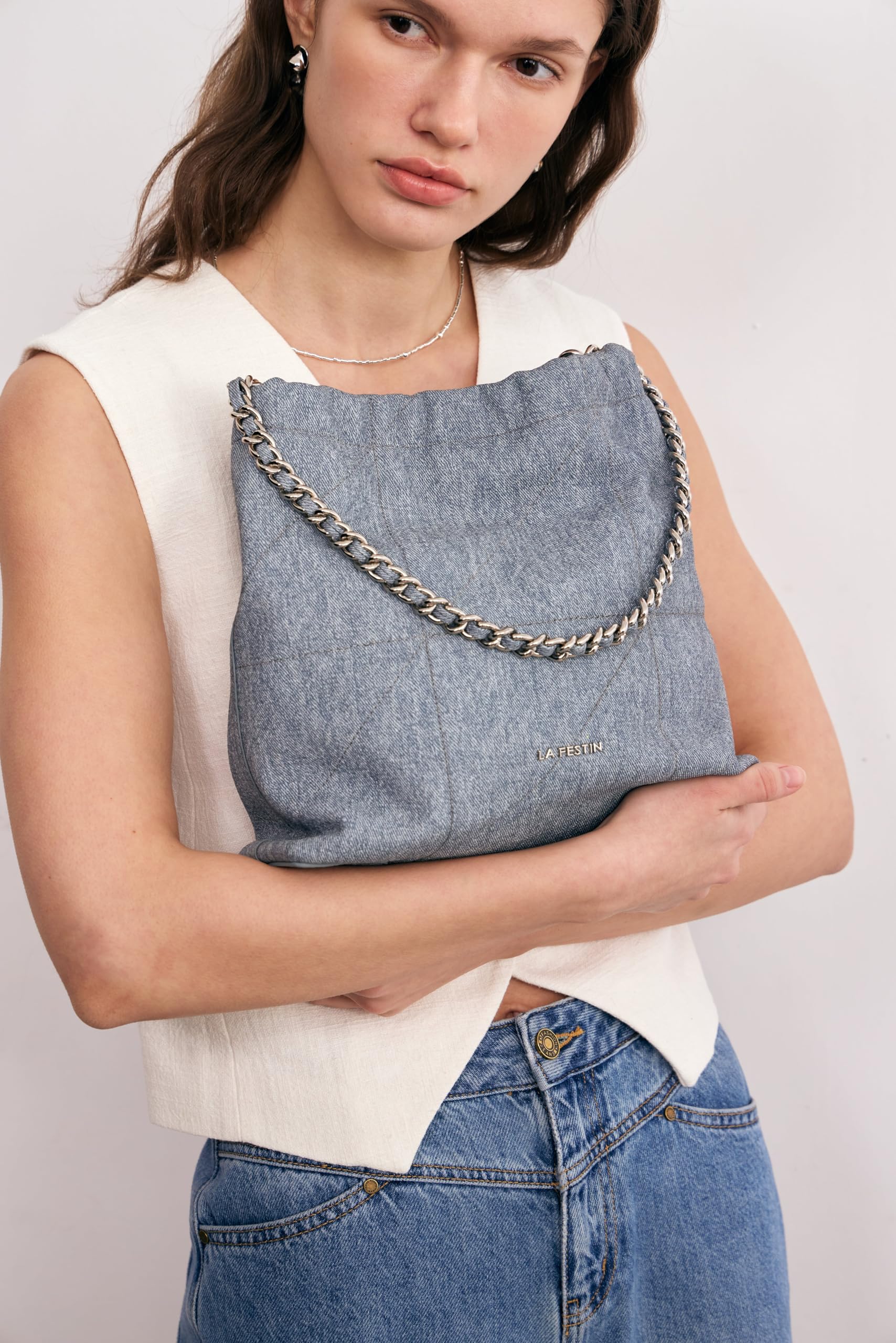 LA FESTIN - Bolso bandolera de piel dividida para mujer con correa ajustable, detalle de cadena, elegante bolso cruzado para mujer