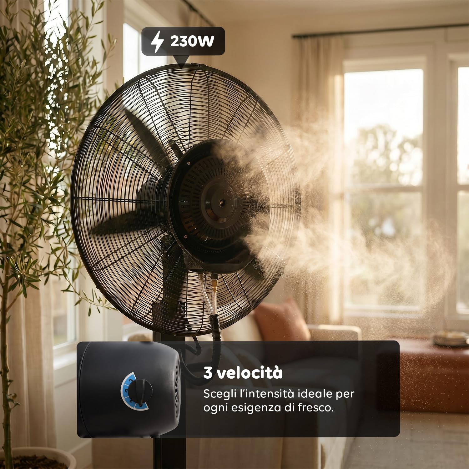 Wintem - BERGEN Ventilatore Nebulizzatore Industriale 230W – Raffrescatore ad Acqua con Serbatoio 45L – Diametro 65cm e Altezza 175cm – Getto 8mt – 3 Velocità, Oscillante e Portatile con Ruote 360°